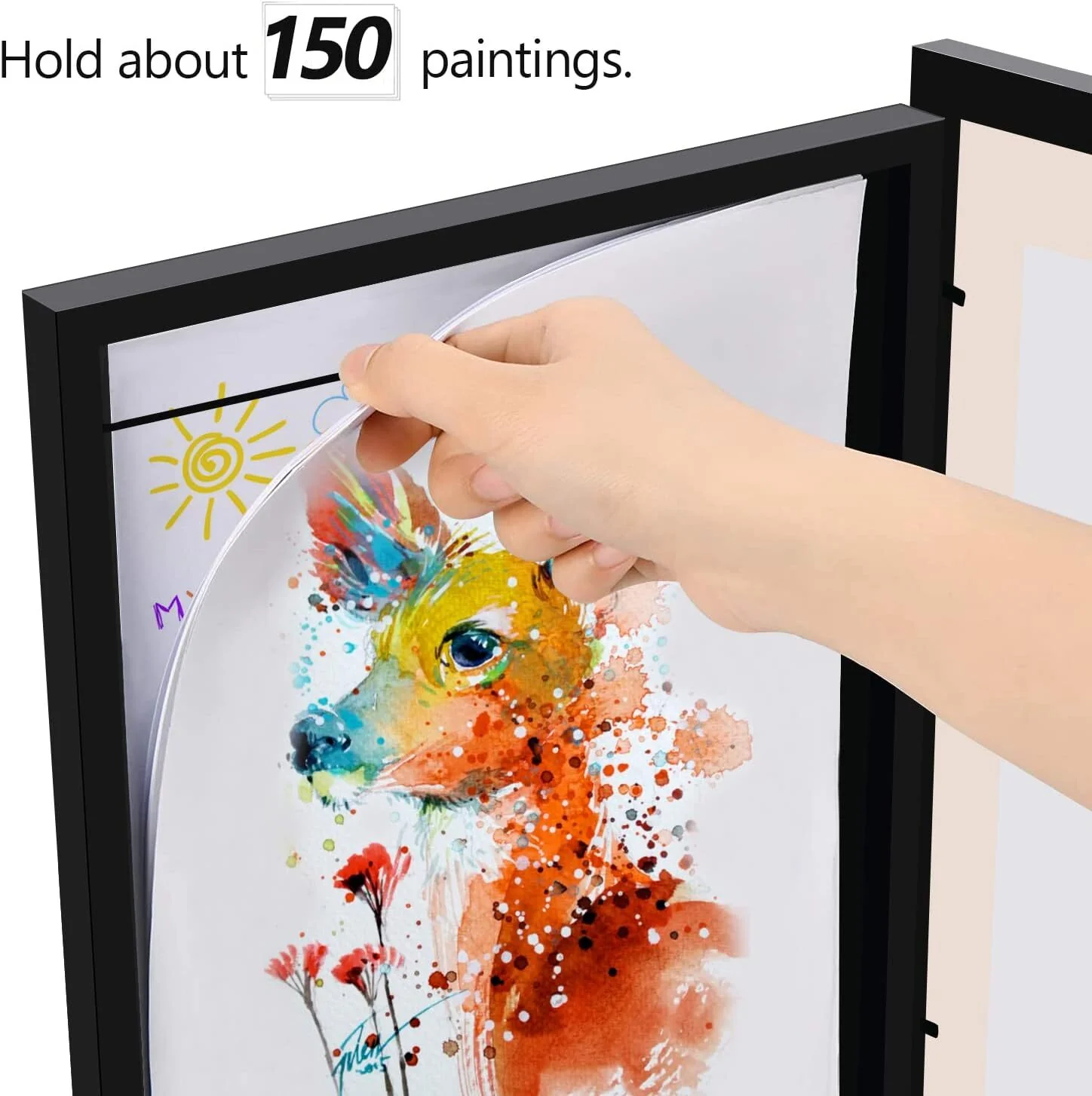 A3 Kids Art Frame Wooden Artwork Display Children Drawing Storage Holds 150 Pictures (Black) - Image 5