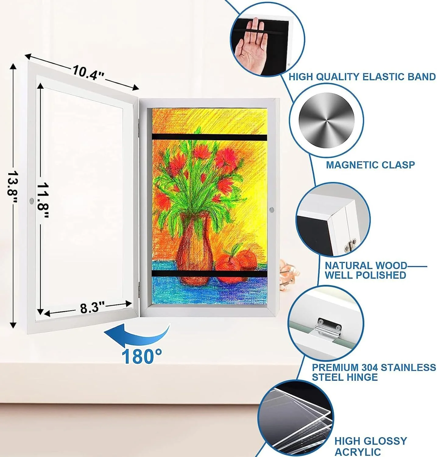 A3 Kids Art Frame Wooden Artwork Display Children Drawing Storage Holds 150 Pictures (White) - Image 11