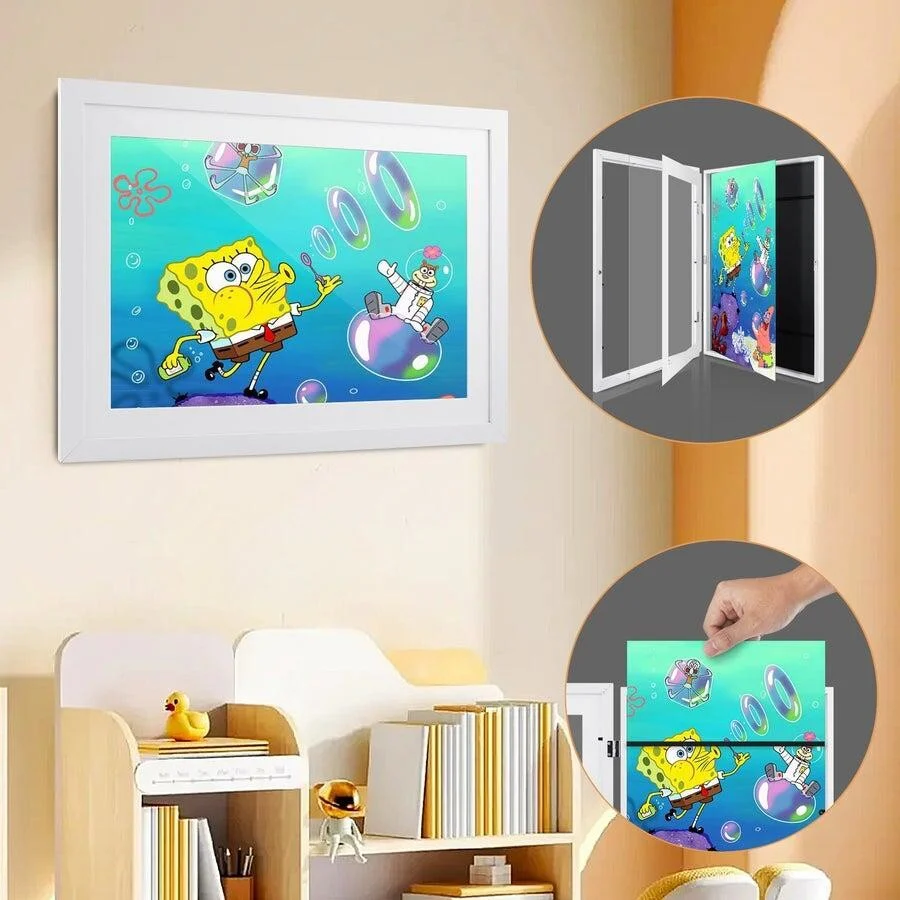 A3 Kids Art Frame Wooden Artwork Display Children Drawing Storage Holds 150 Pictures (White) - Image 3