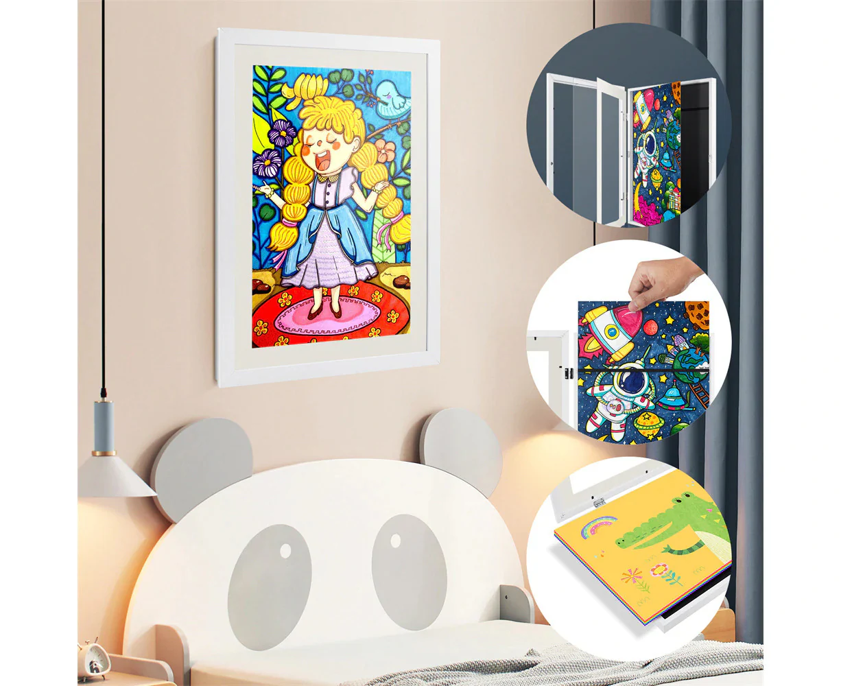 A3 Kids Art Frame Wooden Artwork Display Children Drawing Storage Holds 150 Pictures (White) - Image 4