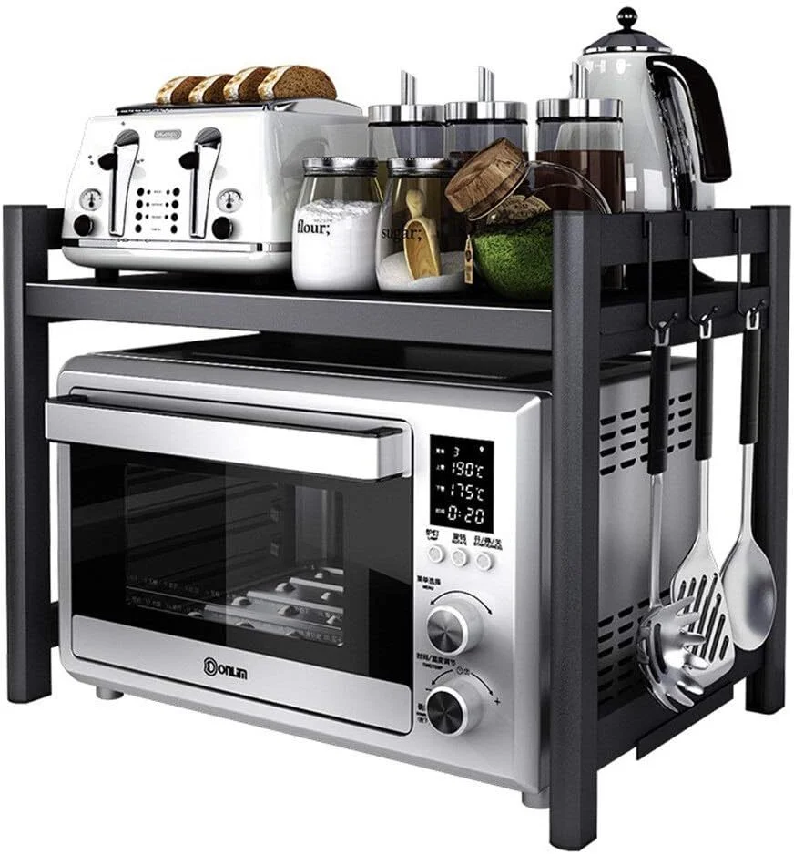 Adjustable Multifunction Steel Microwave Oven Rack Stand Kitchen Shelf Cabinet (Black) - Image 6