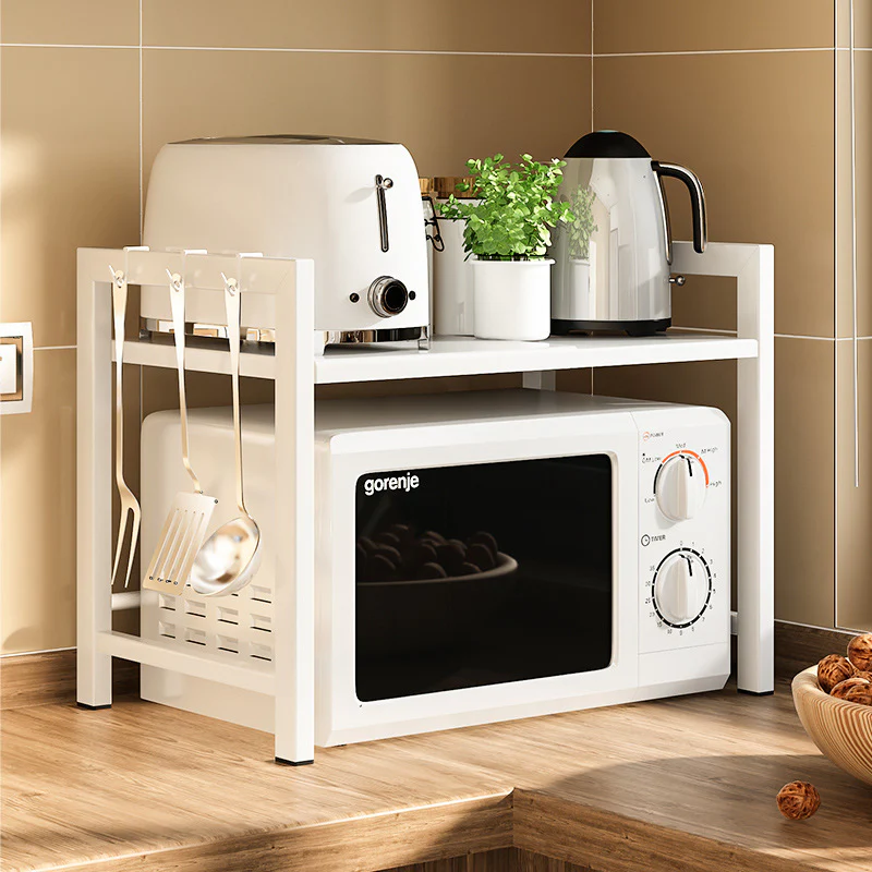 Adjustable Multifunction Steel Microwave Oven Rack Stand Kitchen Shelf Cabinet (White) - Image 5