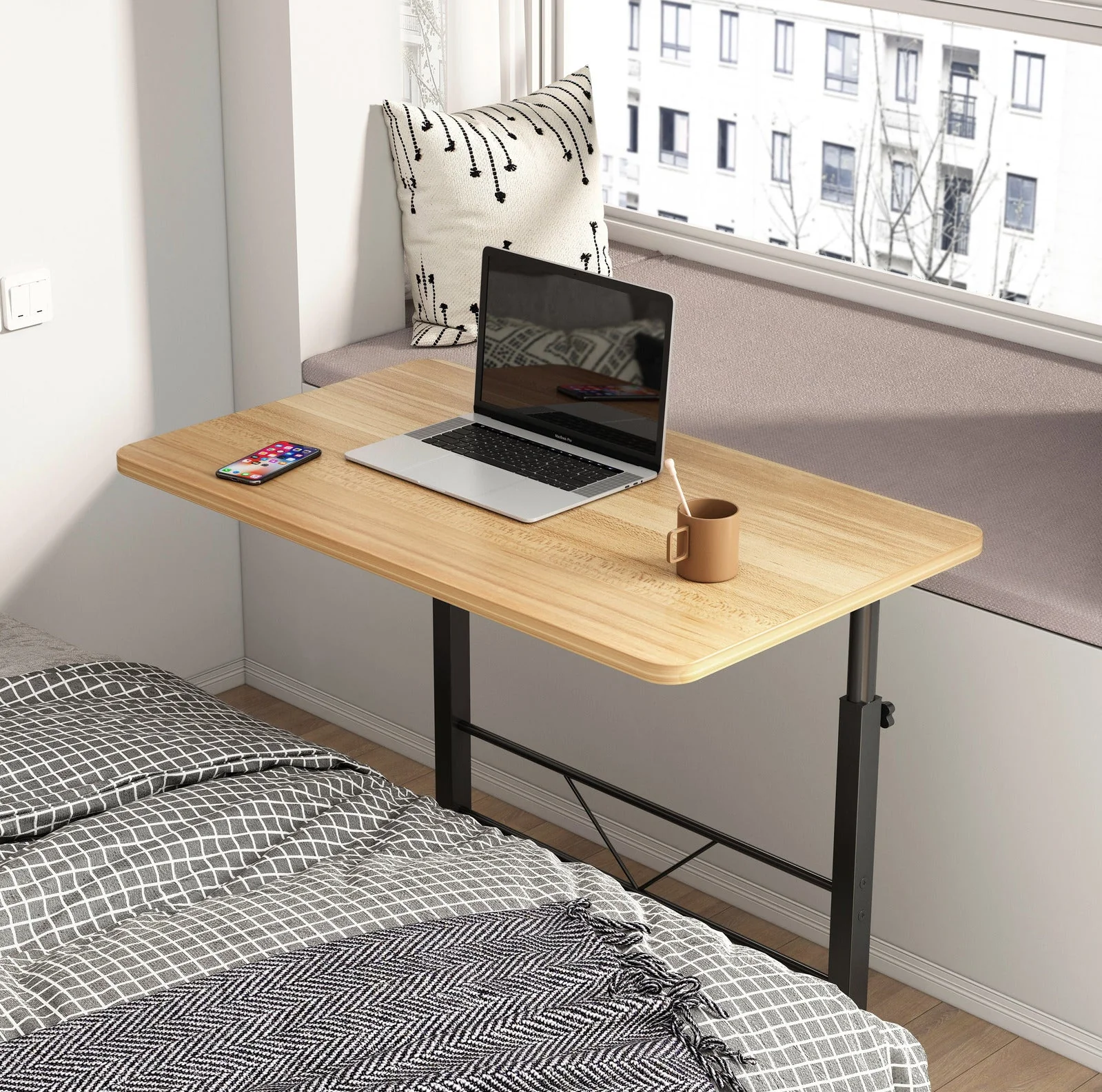 Adjustable Portable Rustic Oak Sofa Bed Side Table Laptop Desk with Wheels - Image 8