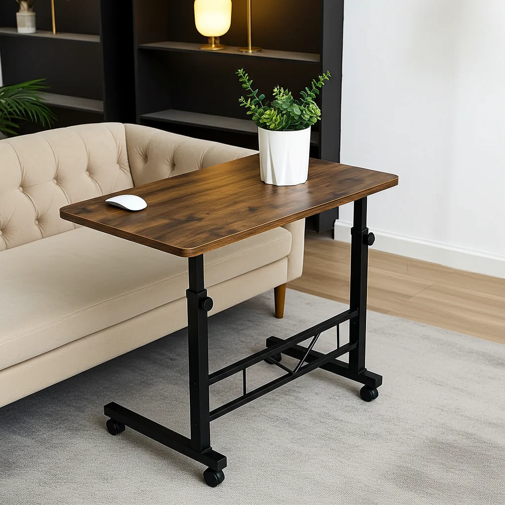 Adjustable Portable Rustic Sofa Bed Side Table Laptop Desk with Wheels - Image 9