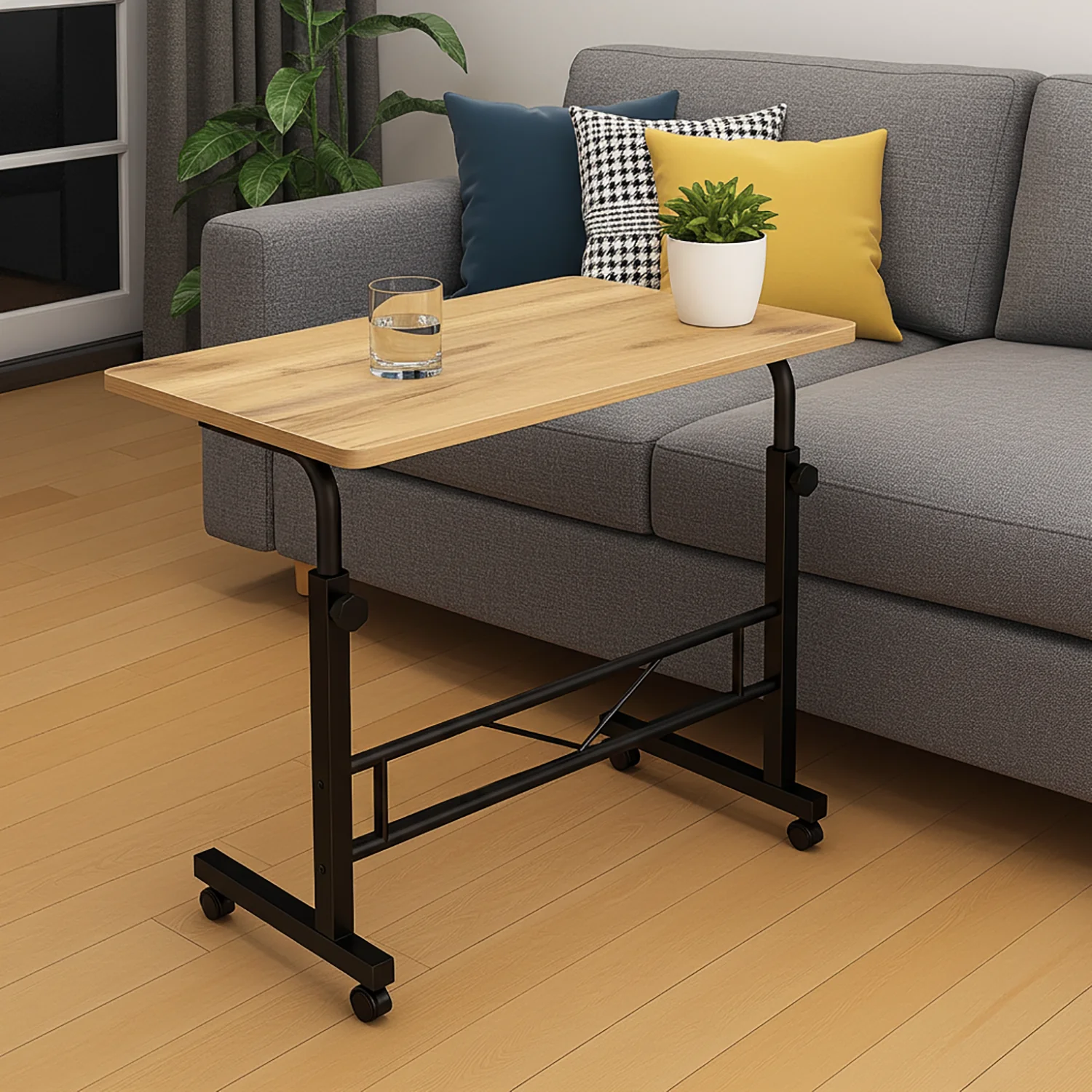 Adjustable Portable Sofa Bed Side Table Laptop Desk with Wheels (Oak) - Image 2