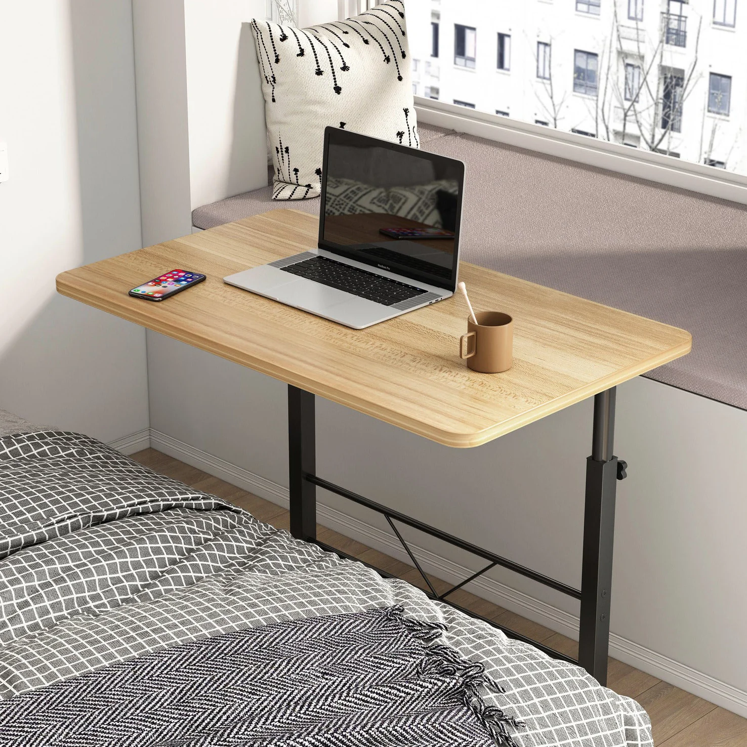Adjustable Portable Sofa Bed Side Table Laptop Desk with Wheels (Oak) - Image 4