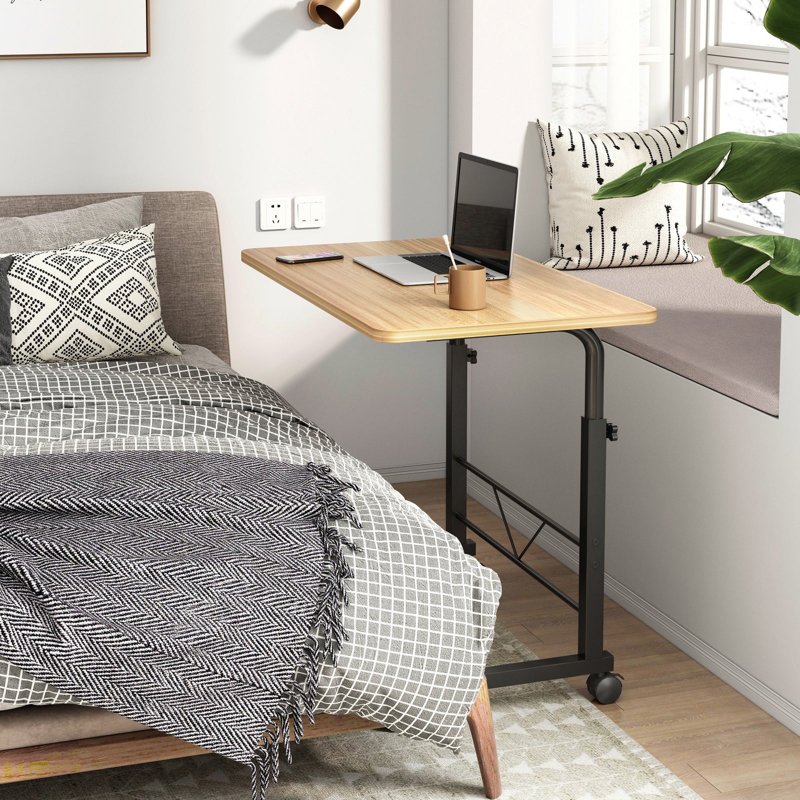 Adjustable Portable Sofa Bed Side Table Laptop Desk with Wheels (Oak) - Image 7