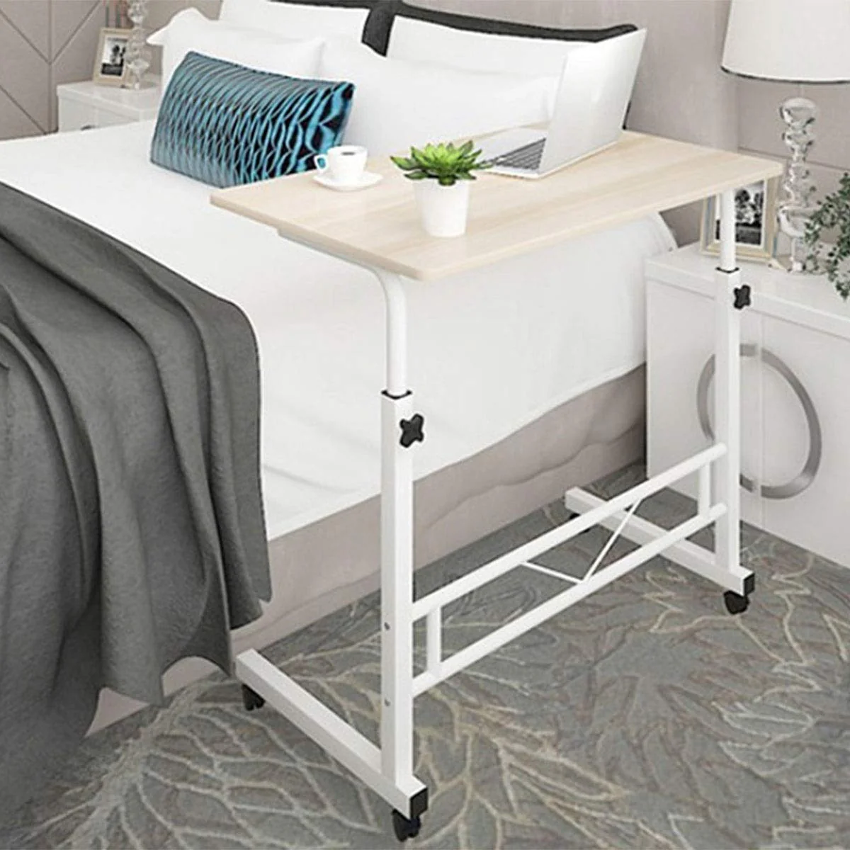 Adjustable Portable Sofa Bed Side Table Laptop Desk with Wheels (White Frame) - Image 2