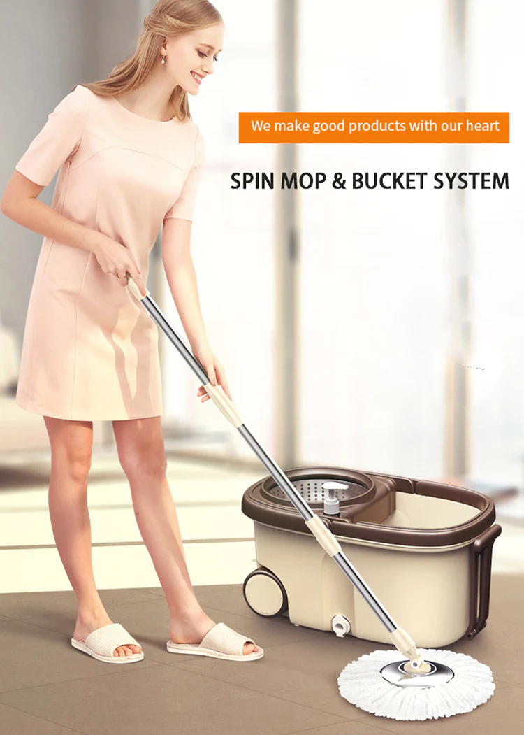 Advanced 360 Degree Spin Mop & Stainless Steel Bucket Kit with Wheels (Cookie & Cream) - Image 6