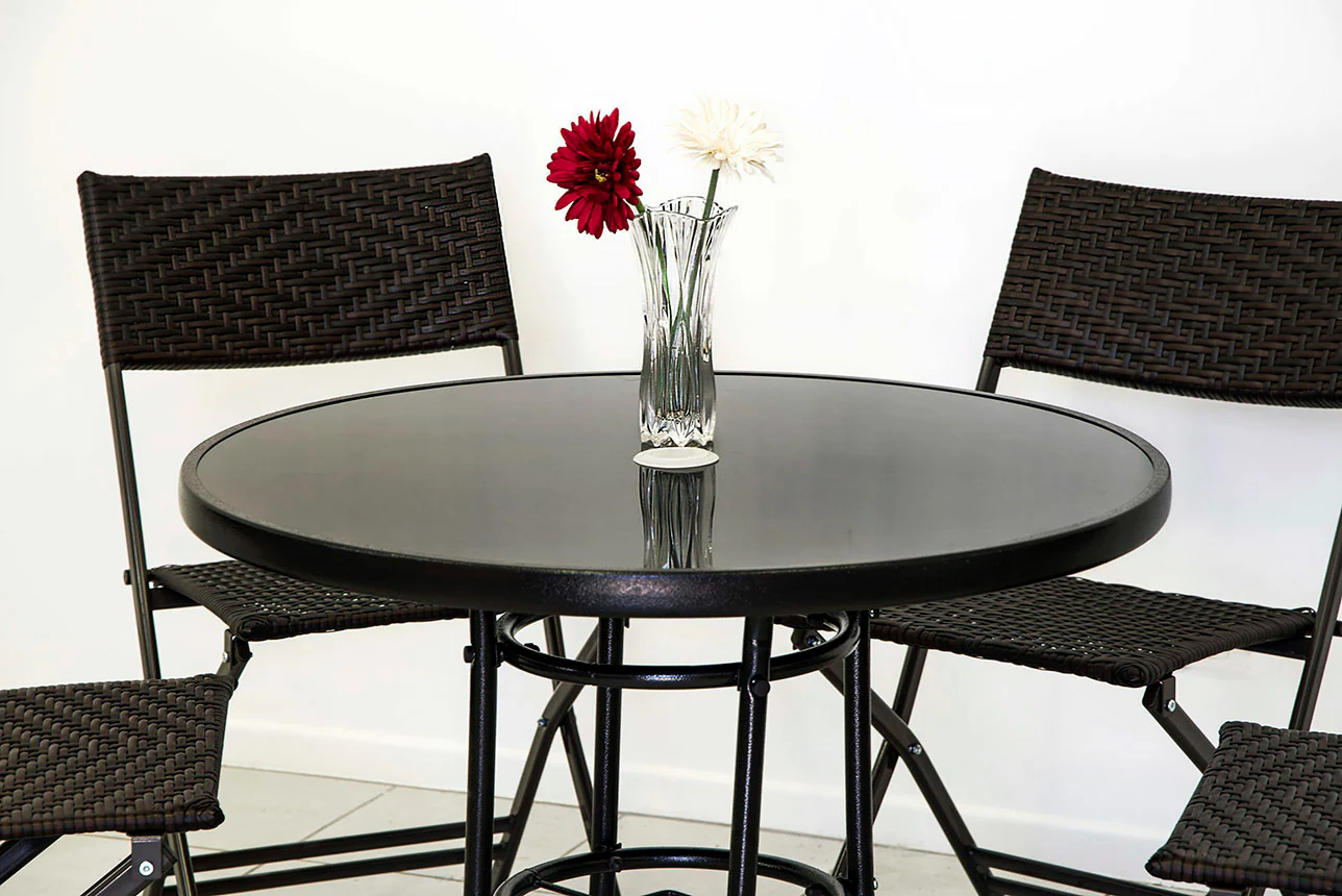Alfresco 5PC Outdoor Setting (Beige Umbrella & Stand, 2 Rattan Chairs, Round Table) - Image 3