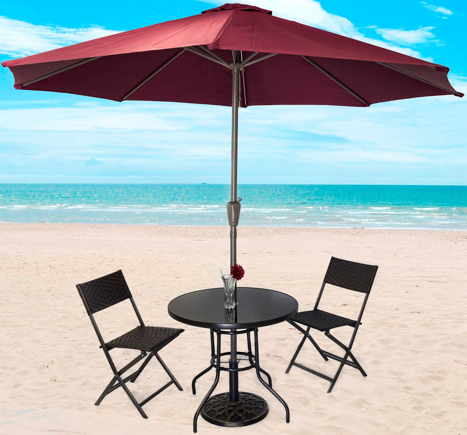 Alfresco 5PC Outdoor Setting (Maroon Umbrella & Stand, 2 Rattan Chairs, Round Table) - Image 8