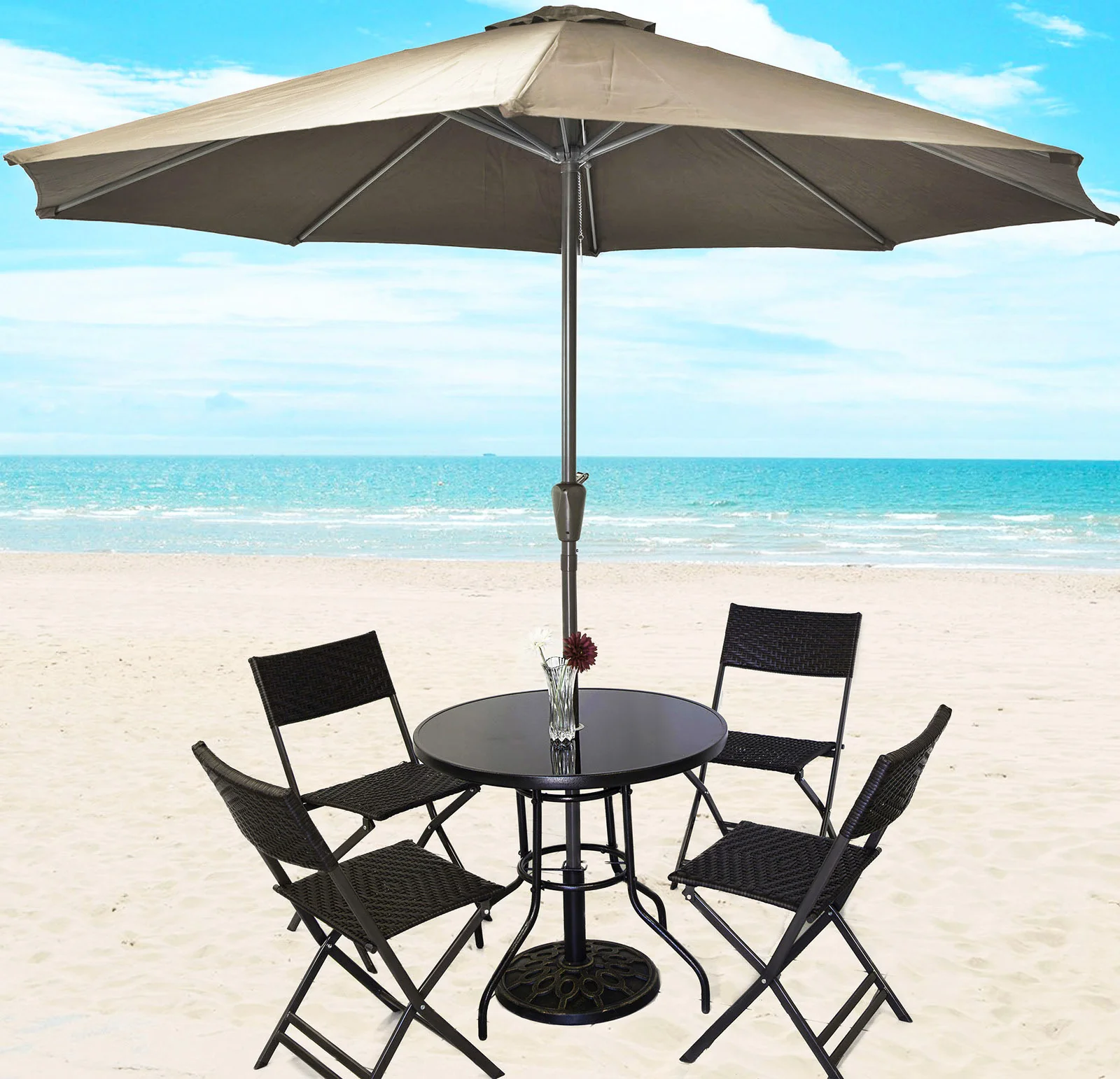 Alfresco 7 Piece Outdoor Setting (Beige Umbrella & Stand, 4 Rattan Chairs, Round Table) - Image 11