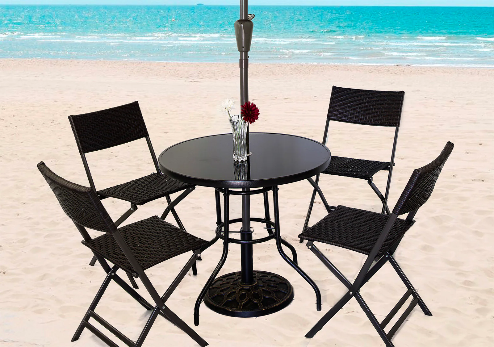 Alfresco 7 Piece Outdoor Setting (Blue Umbrella & Stand, 4 Rattan Chairs, Round Table) - Image 4