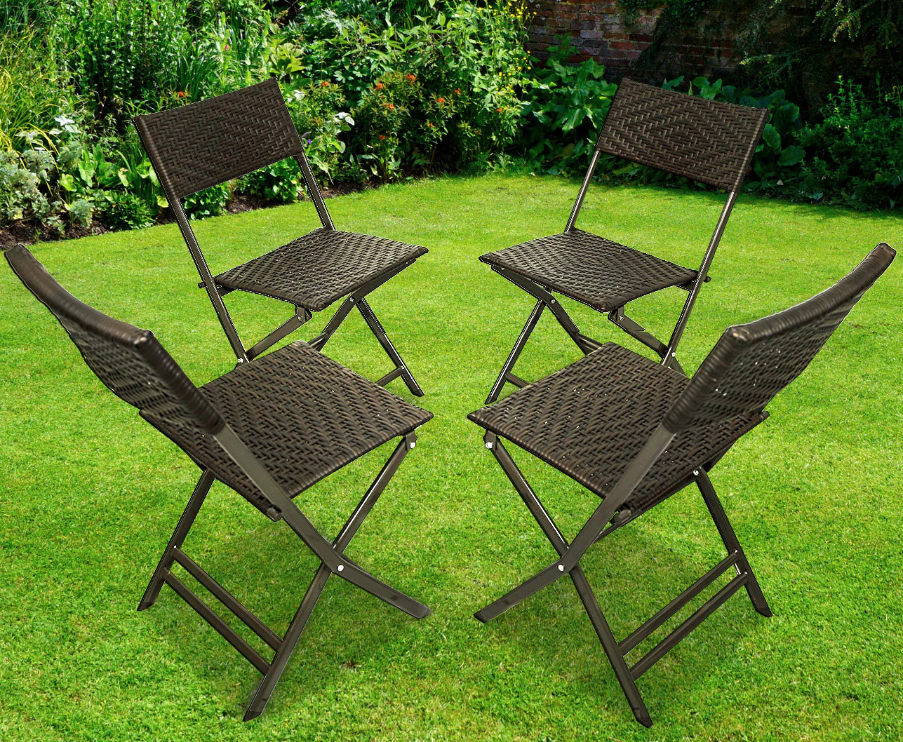 Alfresco 7 Piece Outdoor Setting (Blue Umbrella & Stand, 4 Rattan Chairs, Round Table) - Image 7