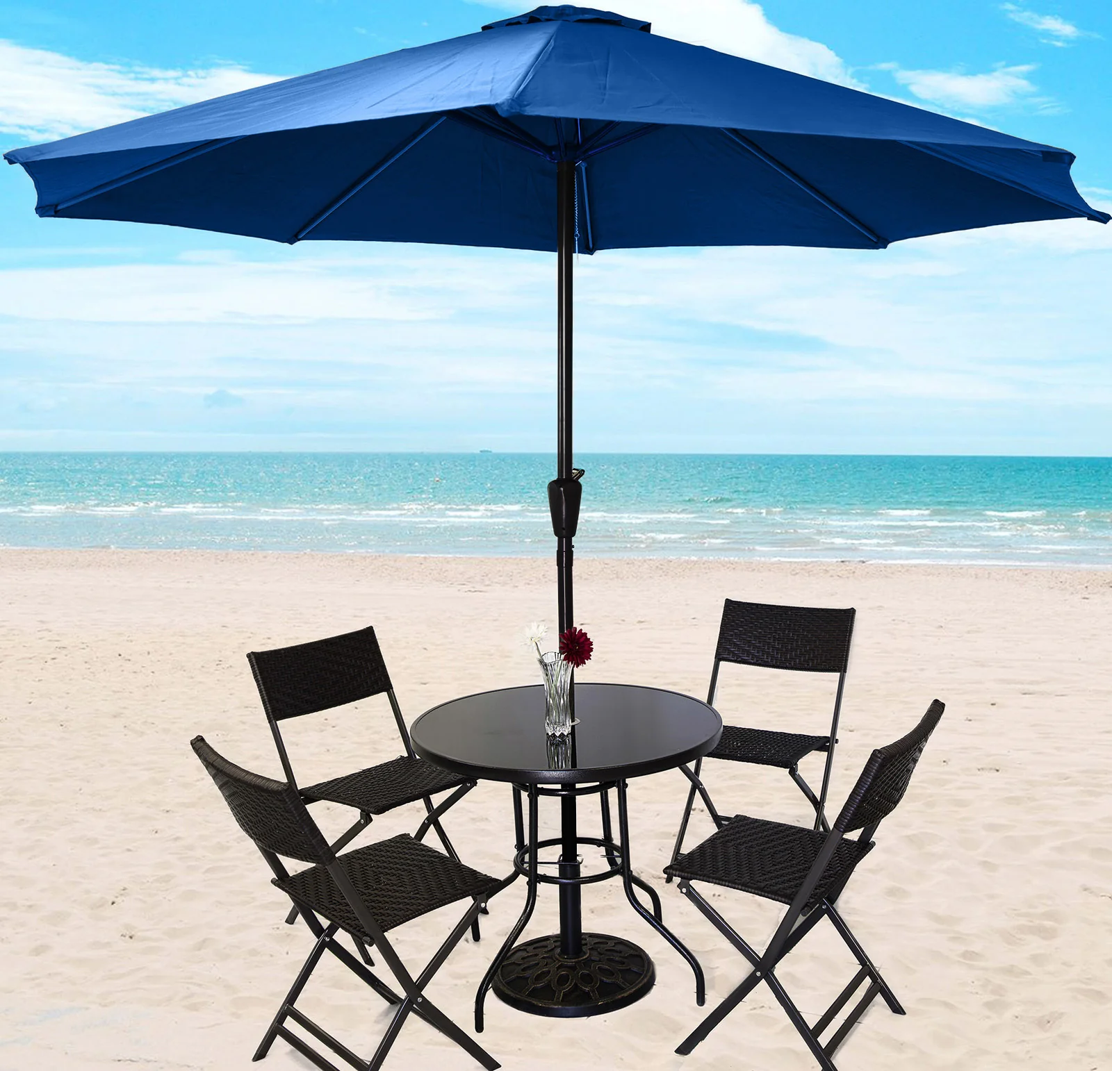 Alfresco 7 Piece Outdoor Setting (Blue Umbrella & Stand, 4 Rattan Chairs, Round Table) - Image 9