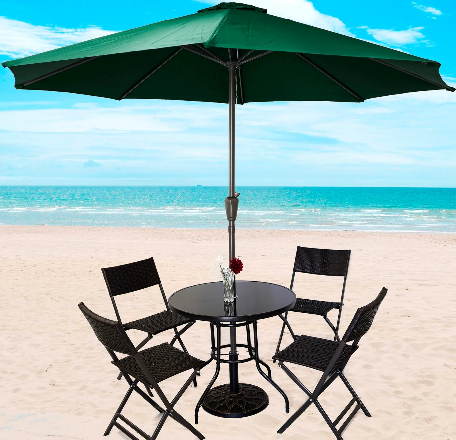 Alfresco 7 Piece Outdoor Setting (Green Umbrella & Stand, 4 Rattan Chairs, Round Table) - Image 10