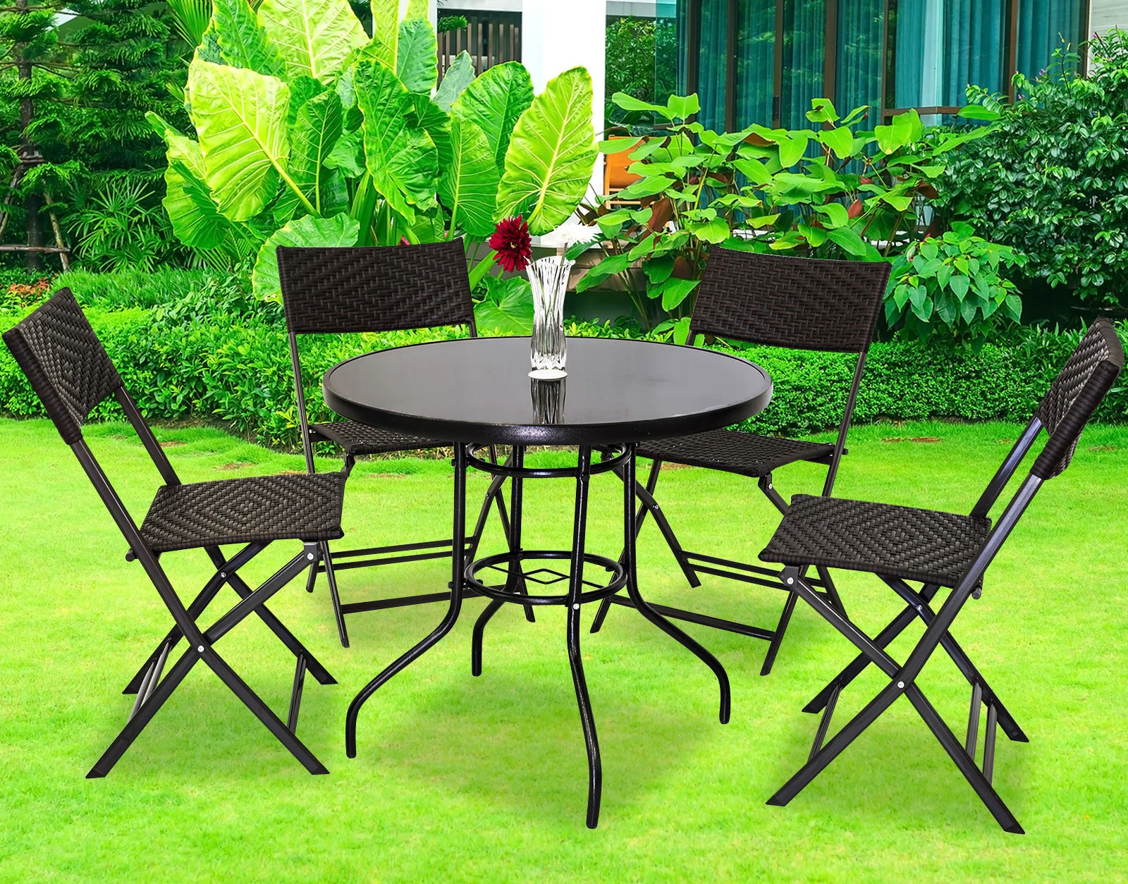 Alfresco 7 Piece Outdoor Setting (Green Umbrella & Stand, 4 Rattan Chairs, Round Table) - Image 2