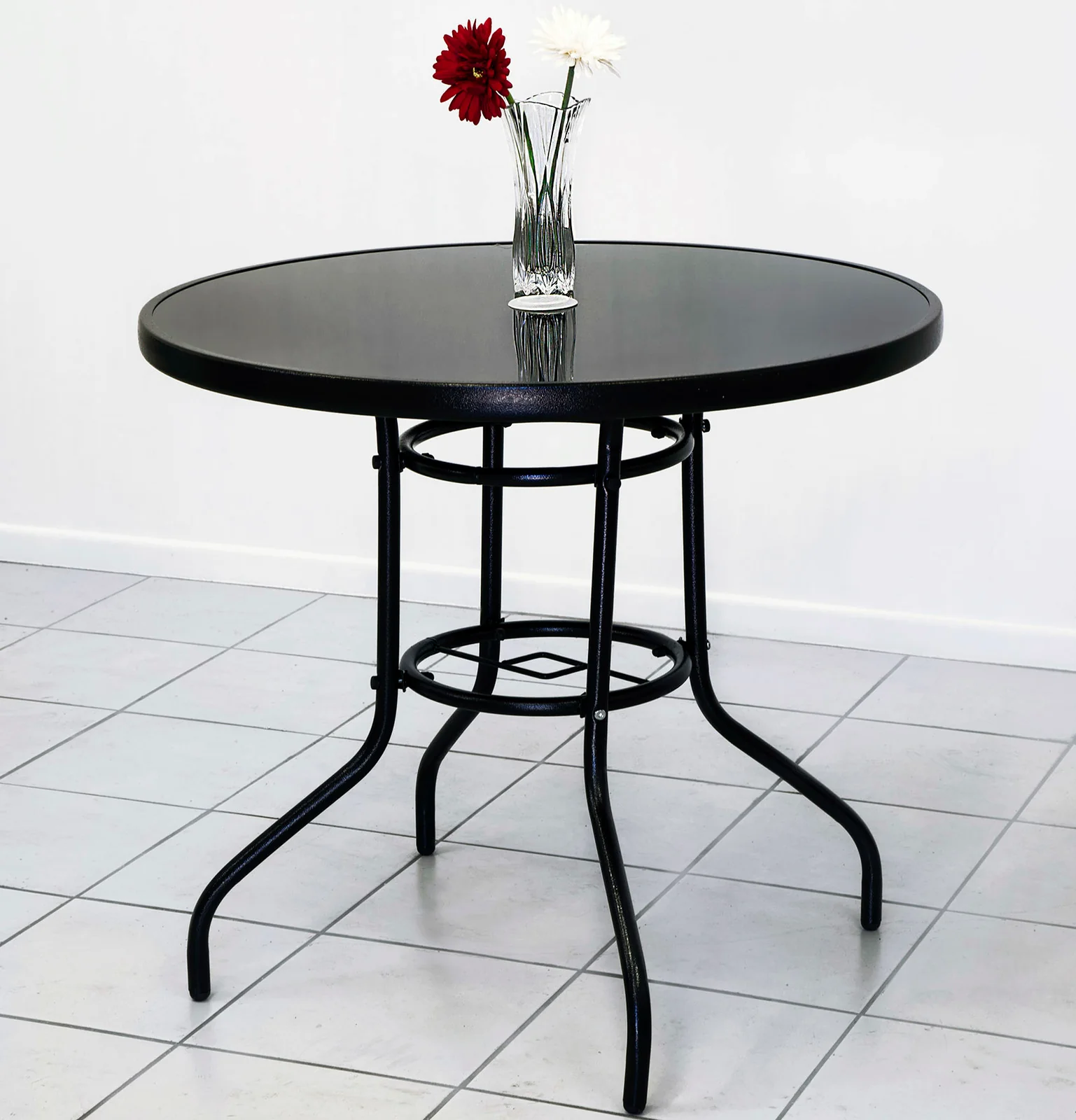 Alfresco 7 Piece Outdoor Setting (Maroon Umbrella & Stand, 4 Rattan Chairs, Round Table) - Image 6