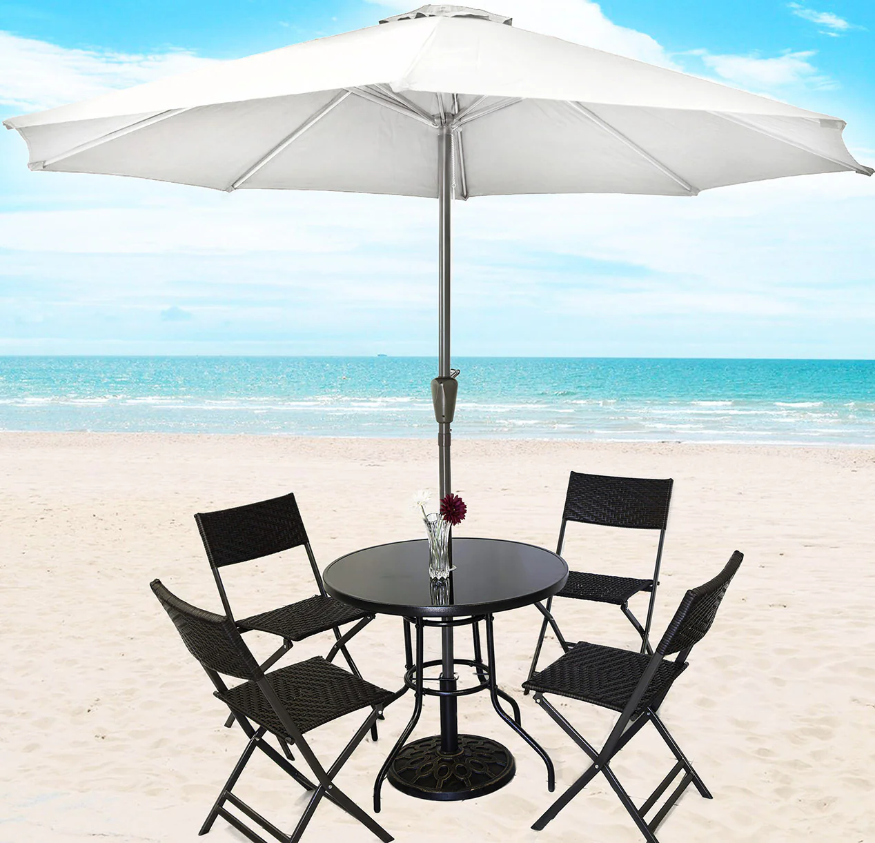 Alfresco 7 Piece Outdoor Setting (White Umbrella & Stand, 4 Rattan Chairs, Round Table) - Image 10