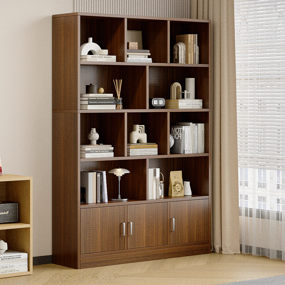Alpha 10-Shelf 3-Door Wardrobe Cupboard Bookshelf Cabinet (Black Walnut) - Image 6