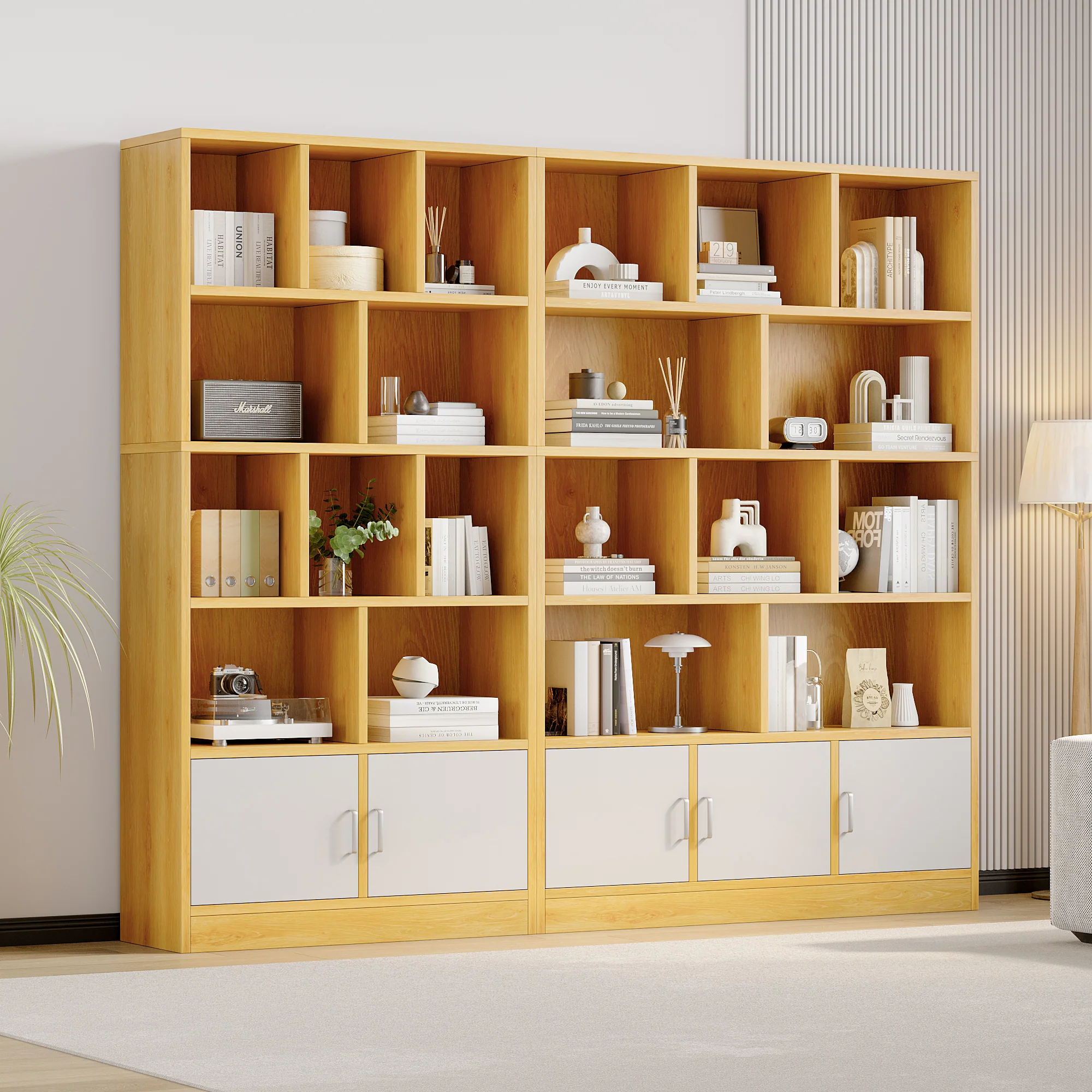 Alpha 10-Shelf 3-Door Wardrobe Cupboard Bookshelf Cabinet (Oak) - Image 10