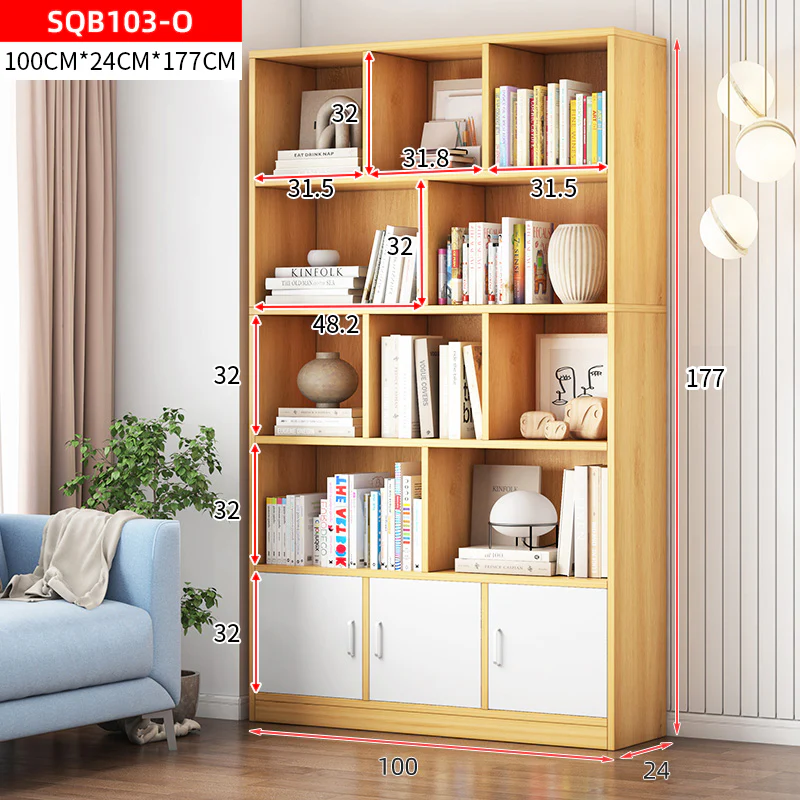 Alpha 10-Shelf 3-Door Wardrobe Cupboard Bookshelf Cabinet (Oak) - Image 7