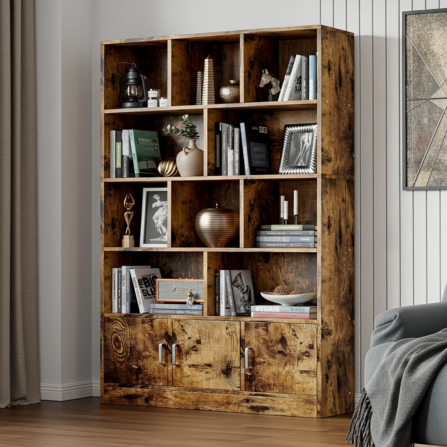 Alpha 10-Shelf 3-Door Wardrobe Cupboard Bookshelf Cabinet (Rustic Wood) - Image 11
