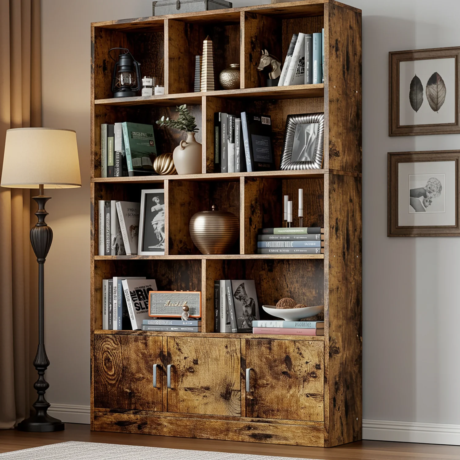 Alpha 10-Shelf 3-Door Wardrobe Cupboard Bookshelf Cabinet (Rustic Wood) - Image 12
