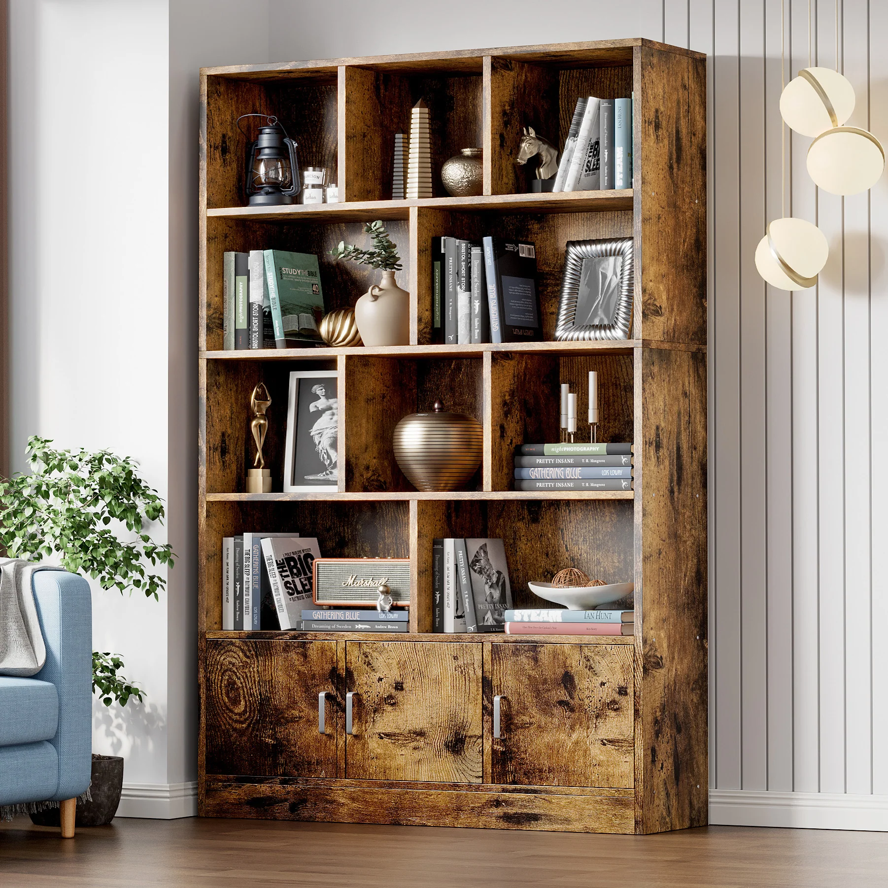 Alpha 10-Shelf 3-Door Wardrobe Cupboard Bookshelf Cabinet (Rustic Wood) - Image 17