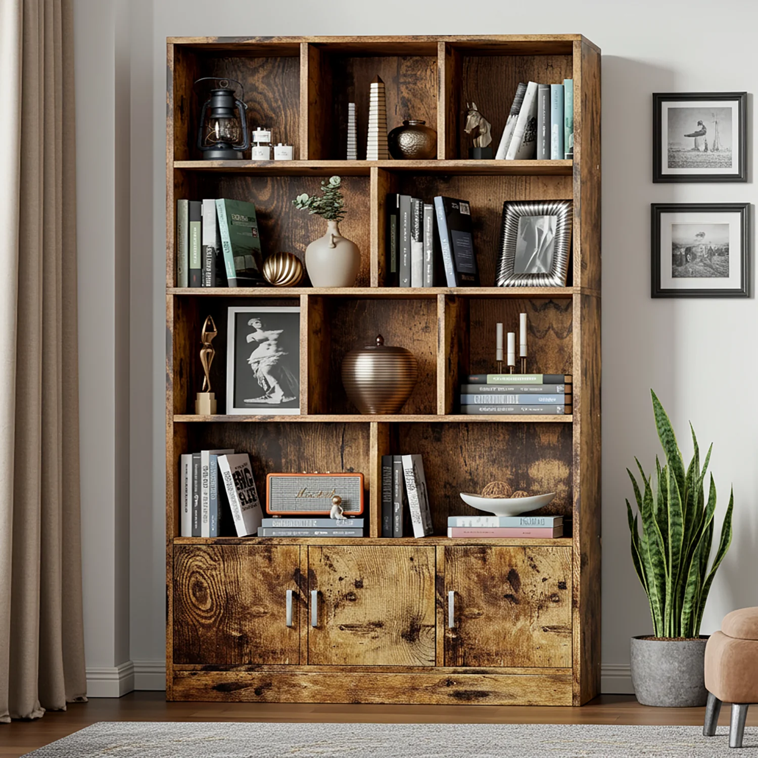 Alpha 10-Shelf 3-Door Wardrobe Cupboard Bookshelf Cabinet (Rustic Wood) - Image 3