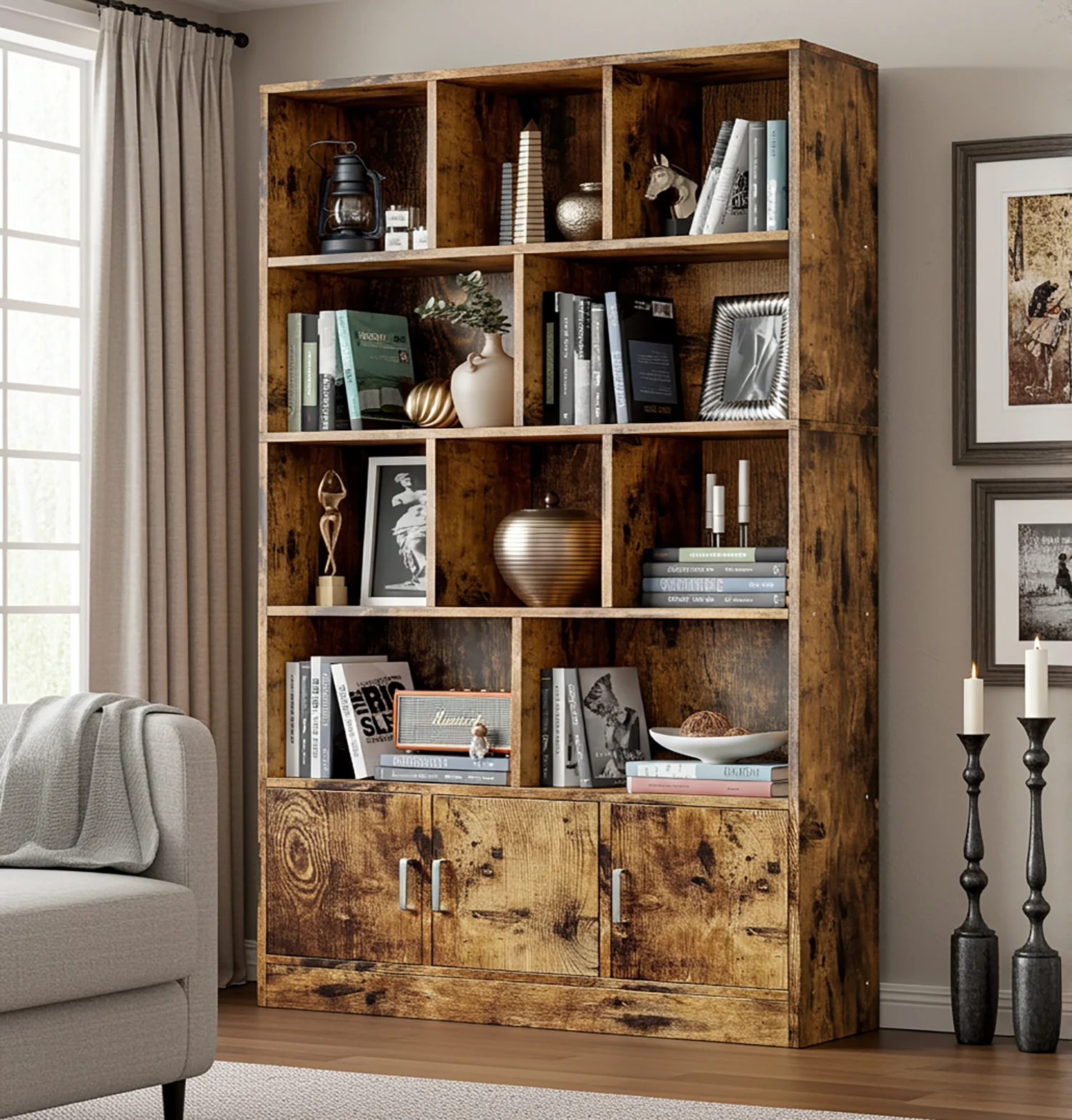 Alpha 10-Shelf 3-Door Wardrobe Cupboard Bookshelf Cabinet (Rustic Wood) - Image 8