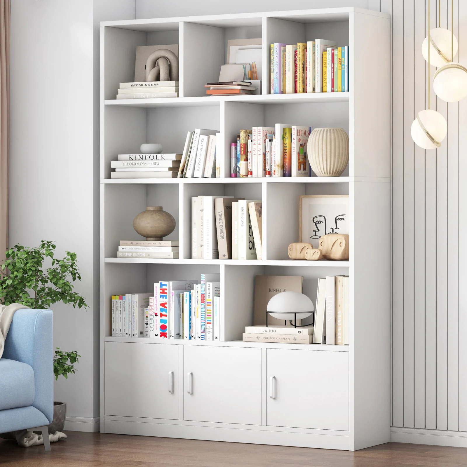 Alpha 10-Shelf 3-Door Wardrobe Cupboard Bookshelf Cabinet (White)