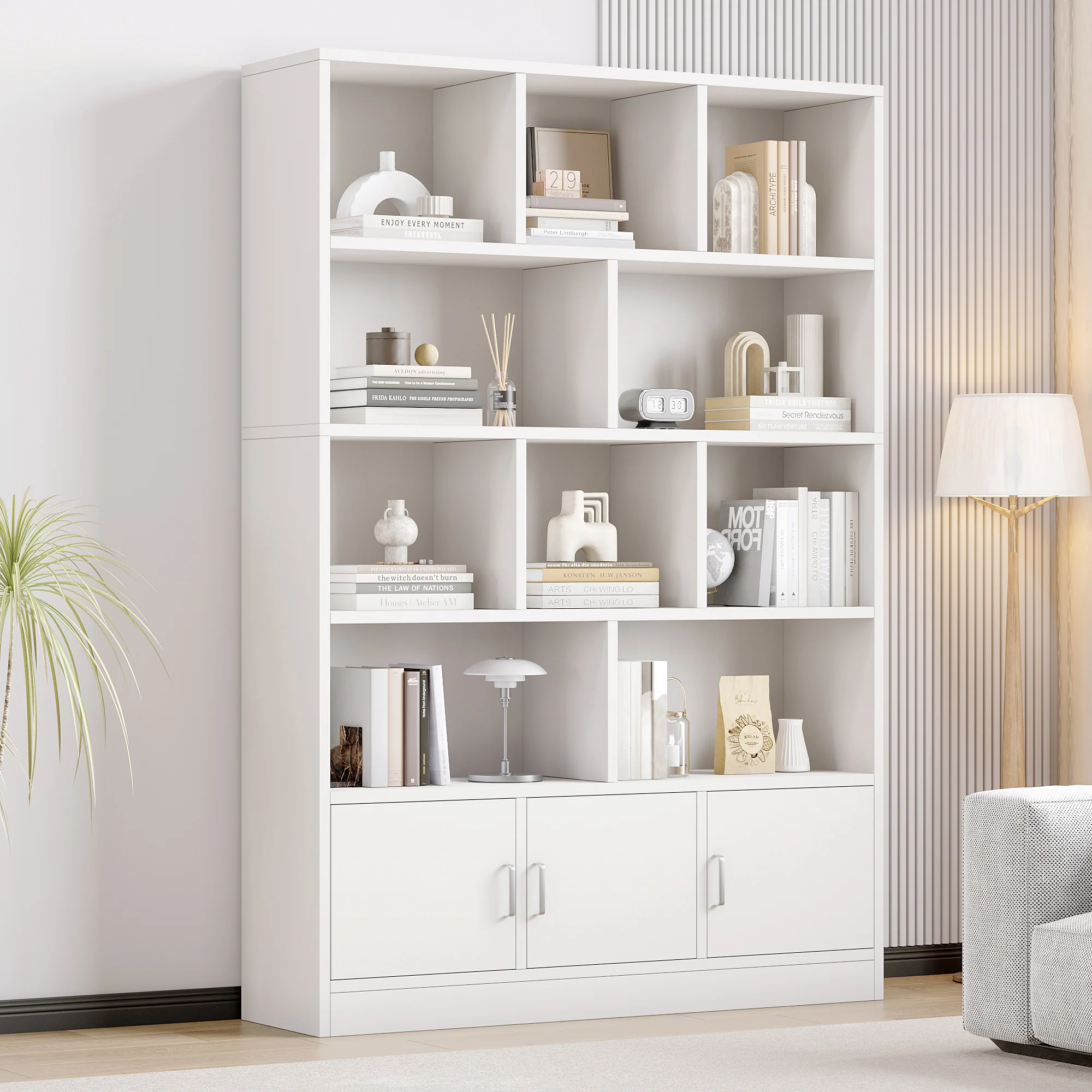 Alpha 10-Shelf 3-Door Wardrobe Cupboard Bookshelf Cabinet (White) - Image 2