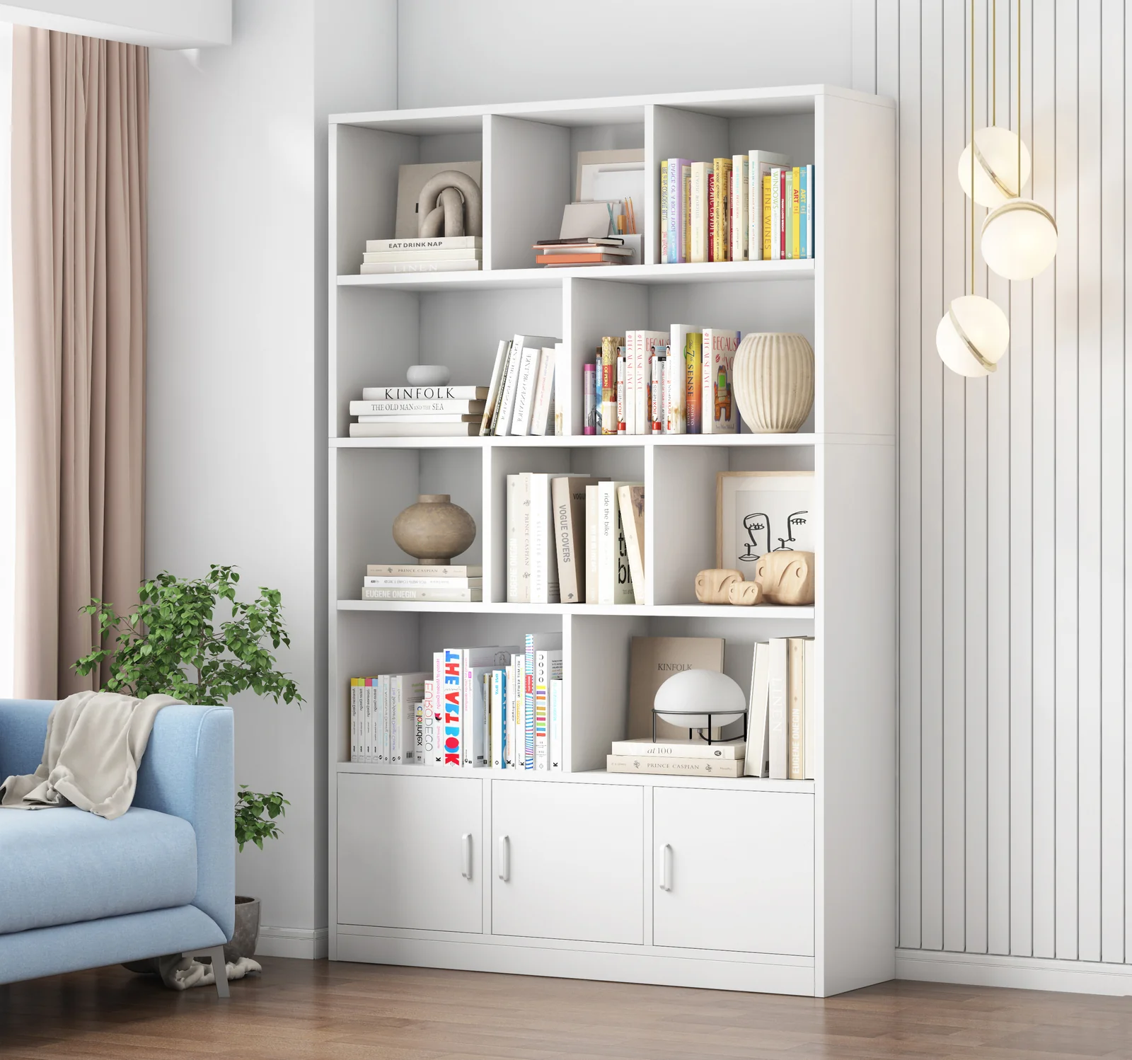 Alpha 10-Shelf 3-Door Wardrobe Cupboard Bookshelf Cabinet (White) - Image 6