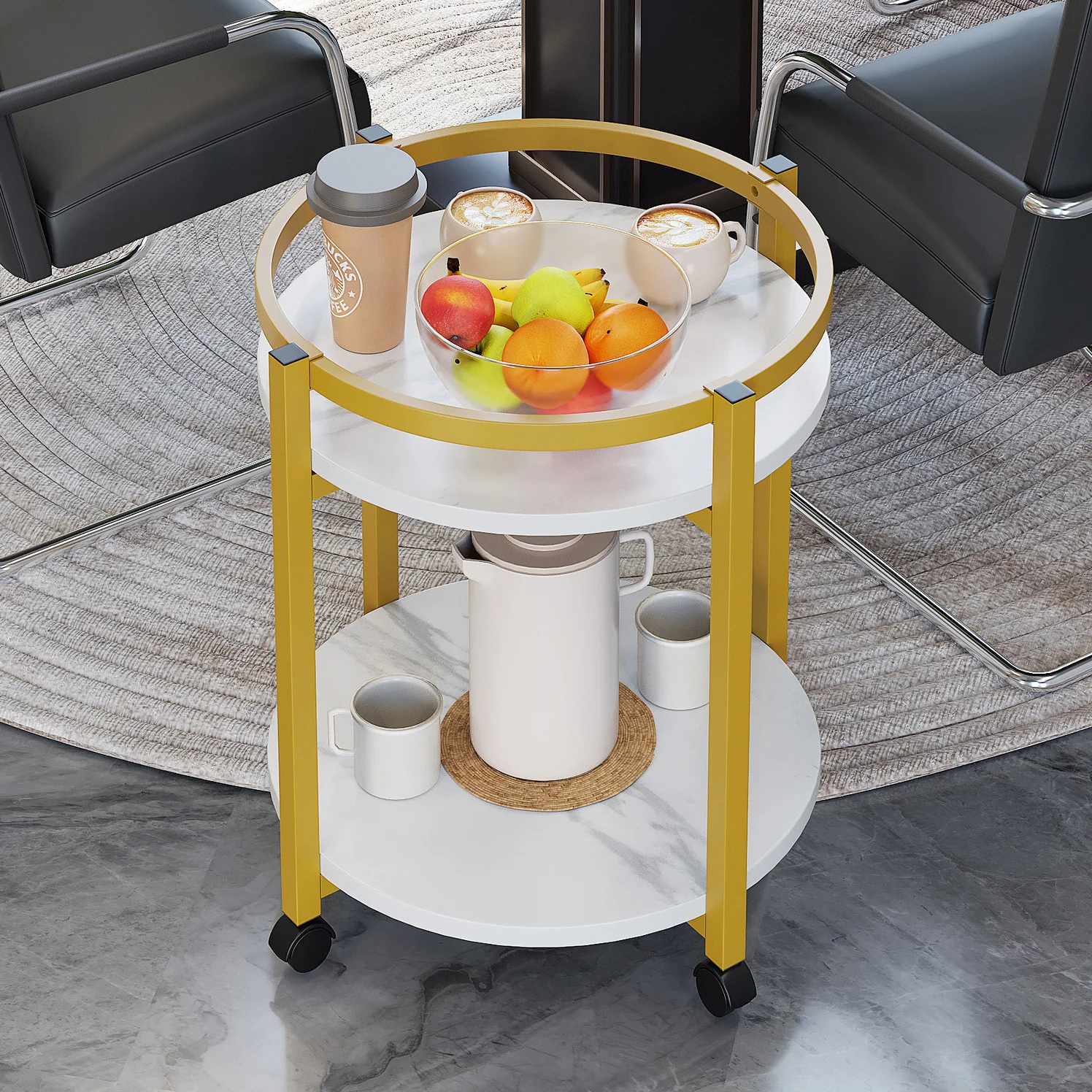 Amity Round Sofa Bed Side Coffee Table with Shelves and Wheels - Image 6