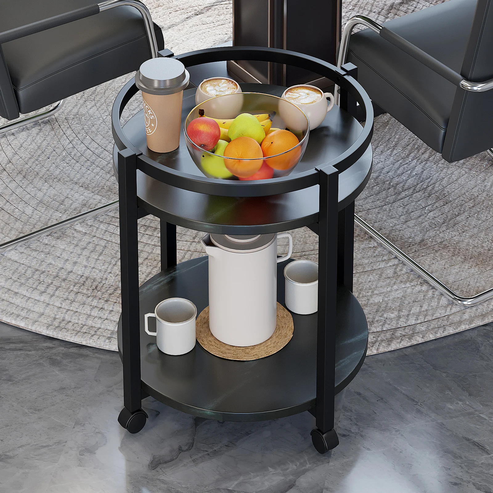 Amity Round Sofa Bed Side Coffee Table with Shelves and Wheels (Black) - Image 7
