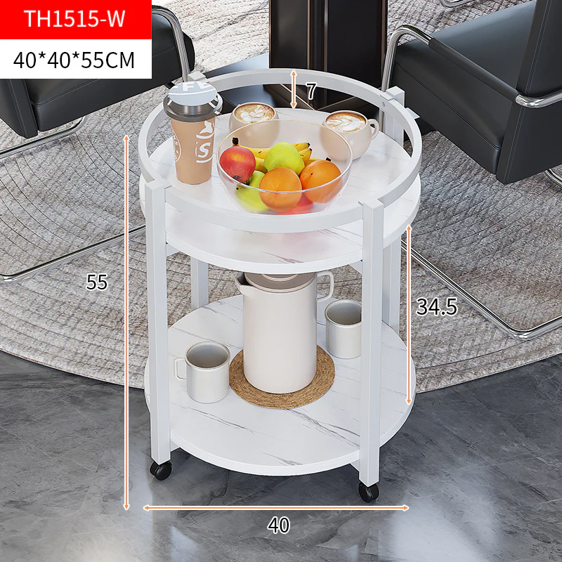 Amity Round Sofa Bed Side Coffee Table with Shelves and Wheels (White) - Image 4