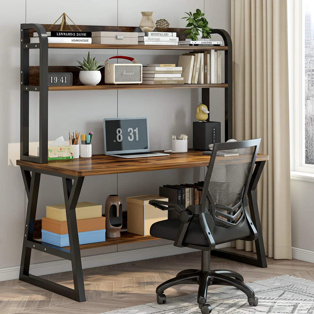 Aspire Large Industrial Office Computer Desk Workstation with Bookshelf (Rustic Wood) - Image 12