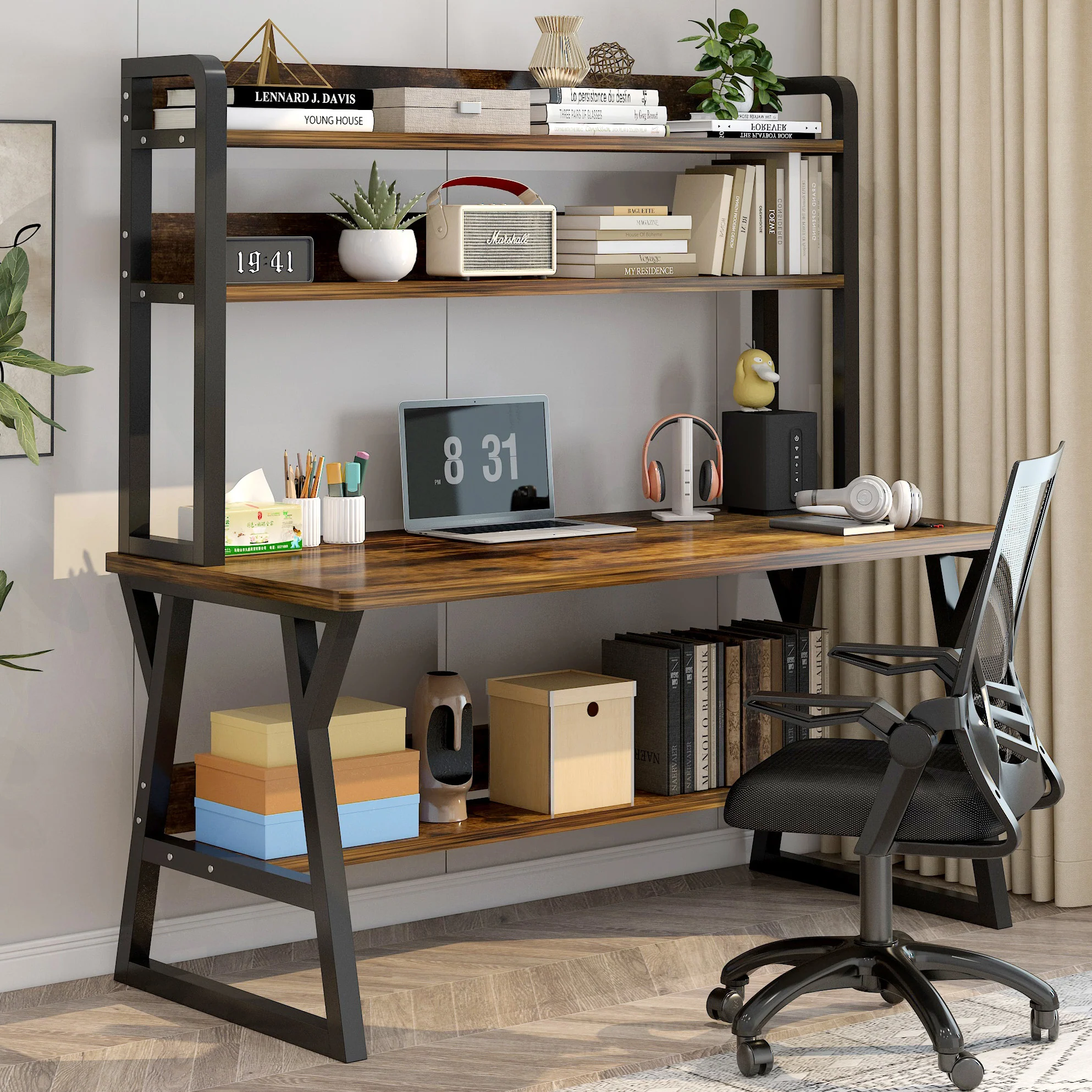 Aspire Large Industrial Office Computer Desk Workstation with Bookshelf (Rustic Wood) - Image 14