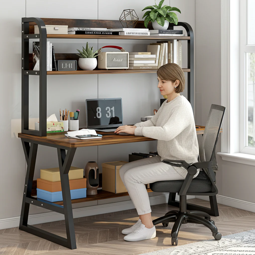 Aspire Large Industrial Office Computer Desk Workstation with Bookshelf (Rustic Wood) - Image 15
