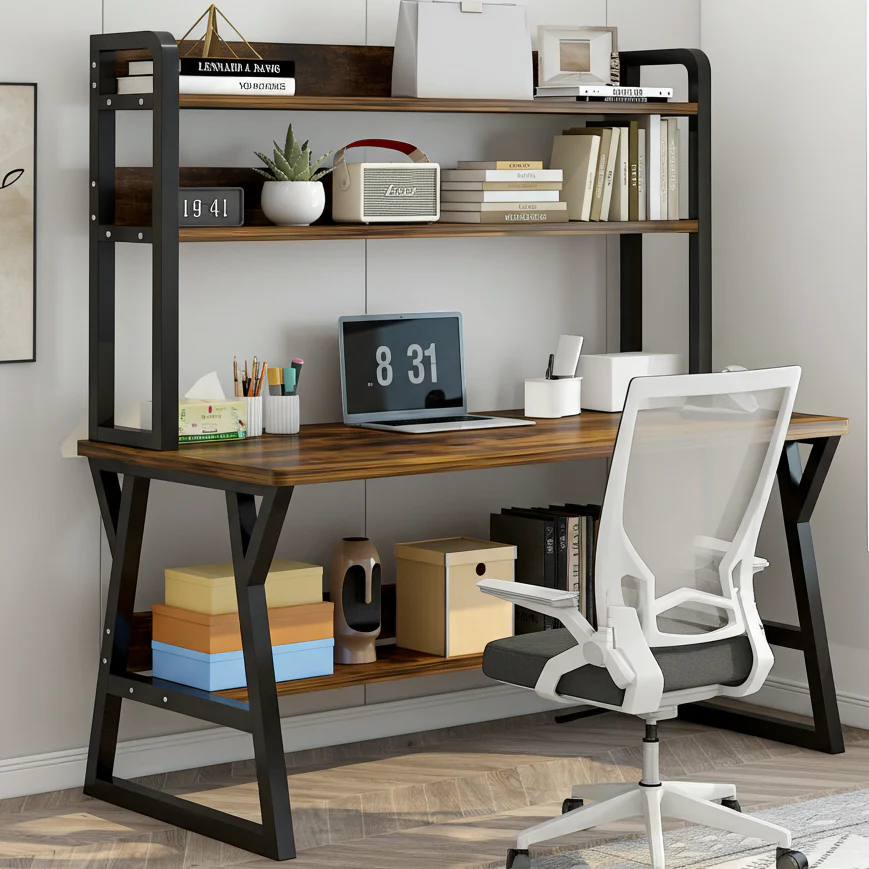 Aspire Large Industrial Office Computer Desk Workstation with Bookshelf (Rustic Wood) - Image 16