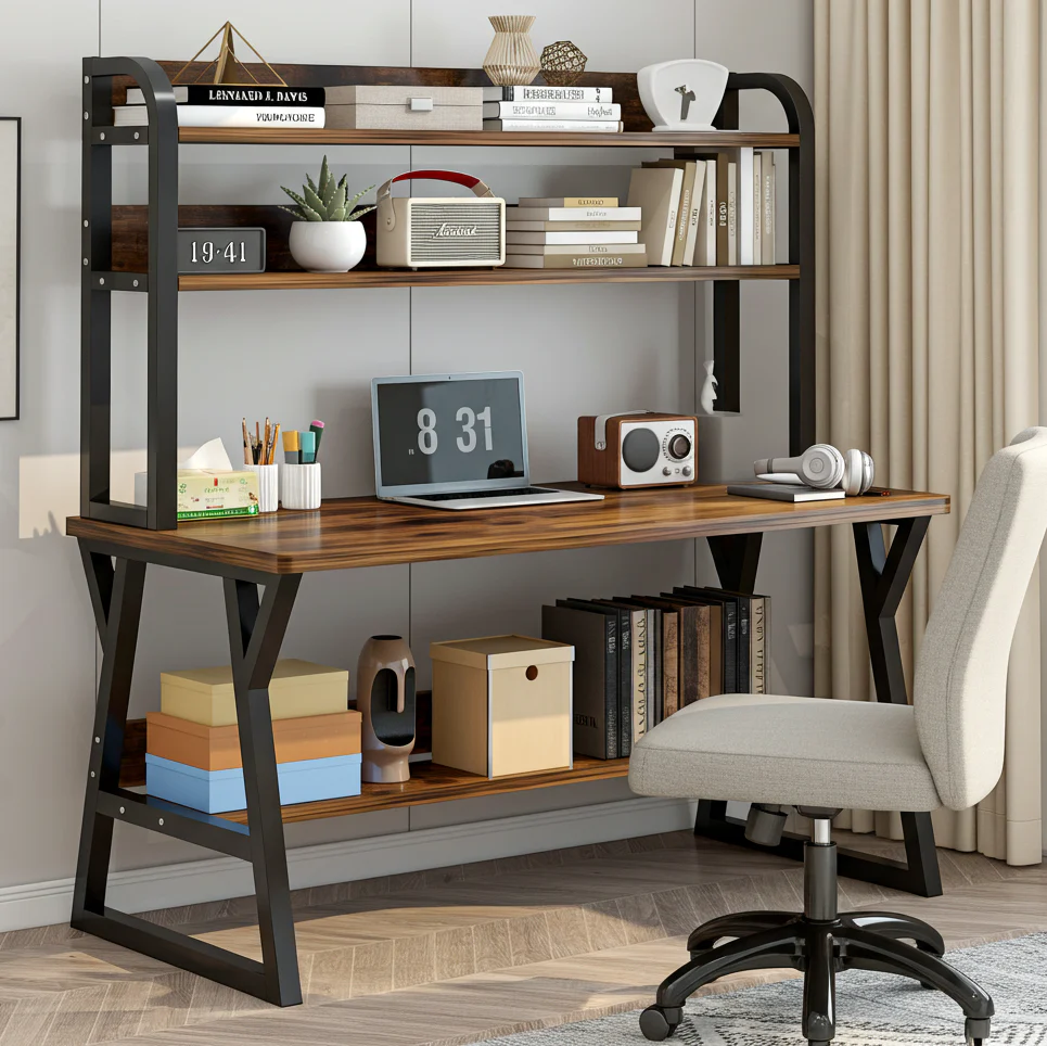 Aspire Large Industrial Office Computer Desk Workstation with Bookshelf (Rustic Wood) - Image 4