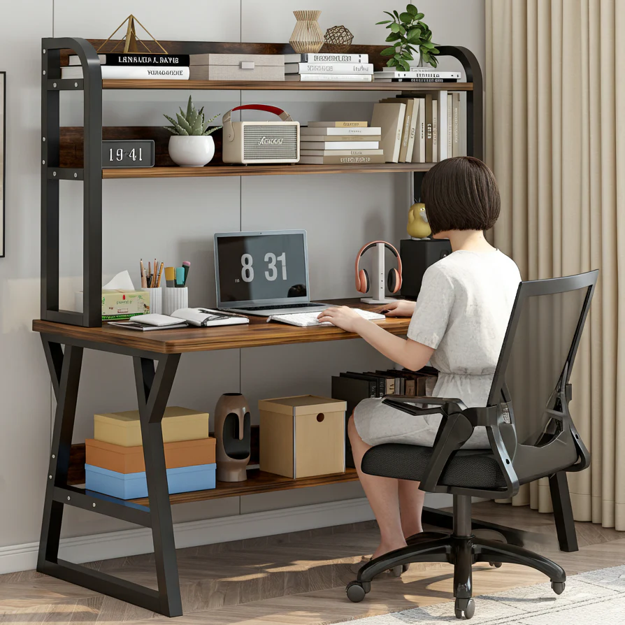 Aspire Large Industrial Office Computer Desk Workstation with Bookshelf (Rustic Wood) - Image 5