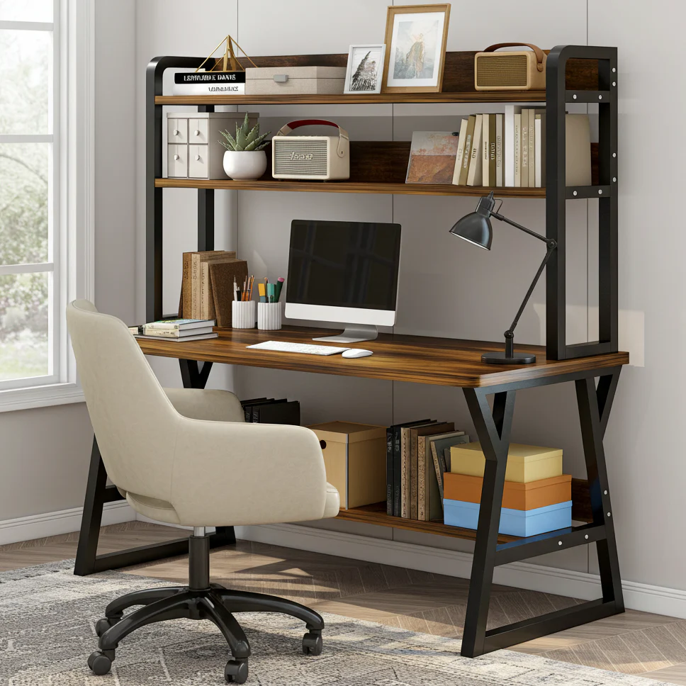 Aspire Large Industrial Office Computer Desk Workstation with Bookshelf (Rustic Wood) - Image 6
