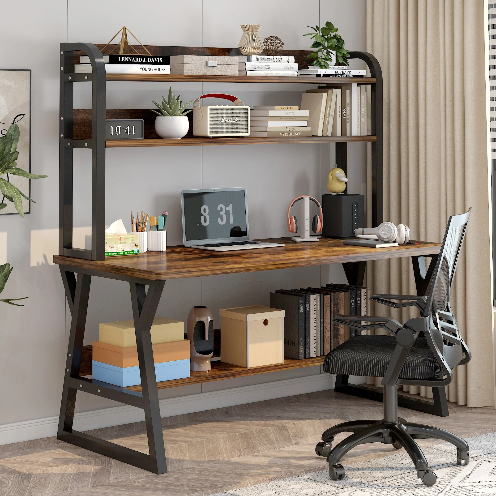 Aspire Large Industrial Office Computer Desk Workstation with Bookshelf (Rustic Wood) - Image 7