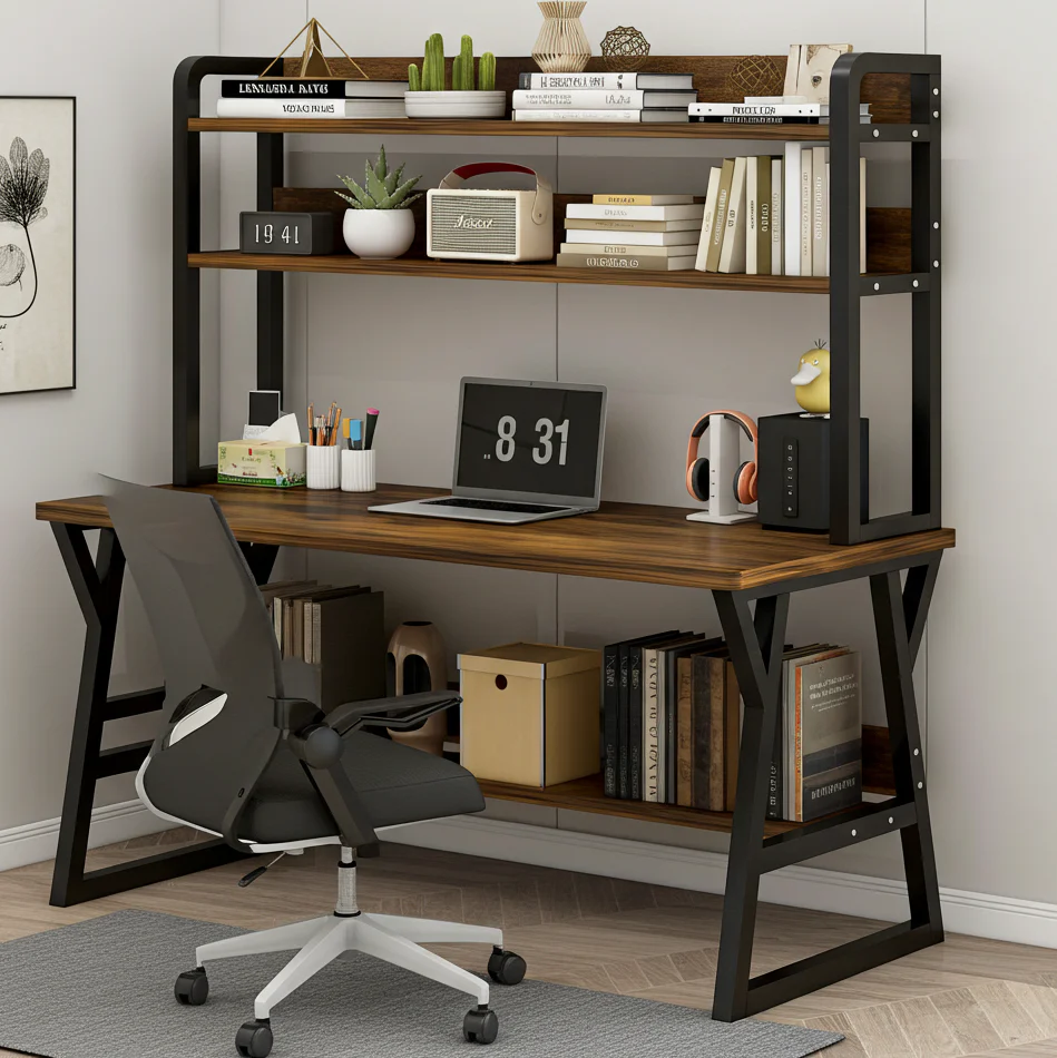 Aspire Large Industrial Office Computer Desk Workstation with Bookshelf (Rustic Wood) - Image 9