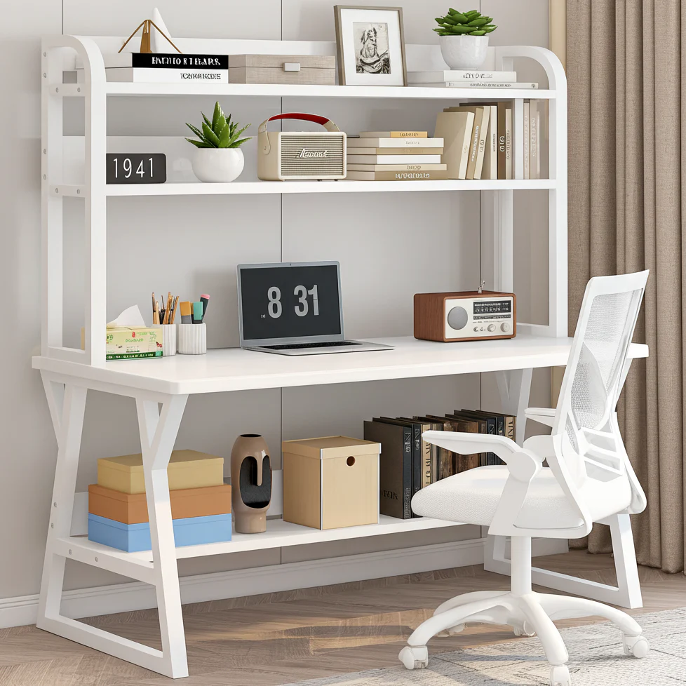 Aspire Large Industrial Office Computer Desk Workstation with Bookshelf (White)