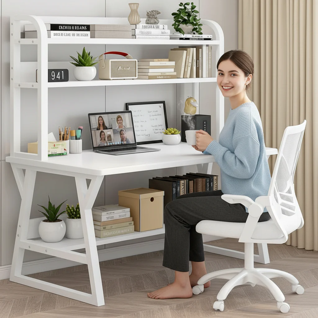 Aspire Large Industrial Office Computer Desk Workstation with Bookshelf (White) - Image 10