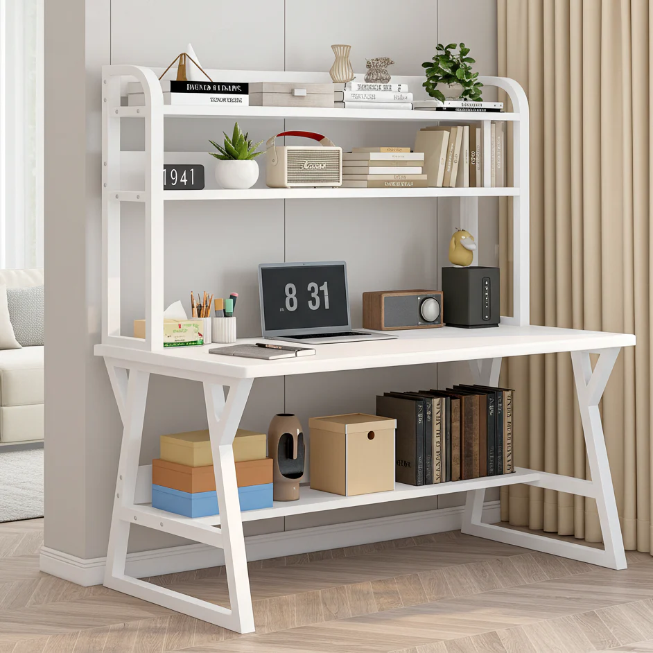 Aspire Large Industrial Office Computer Desk Workstation with Bookshelf (White) - Image 11