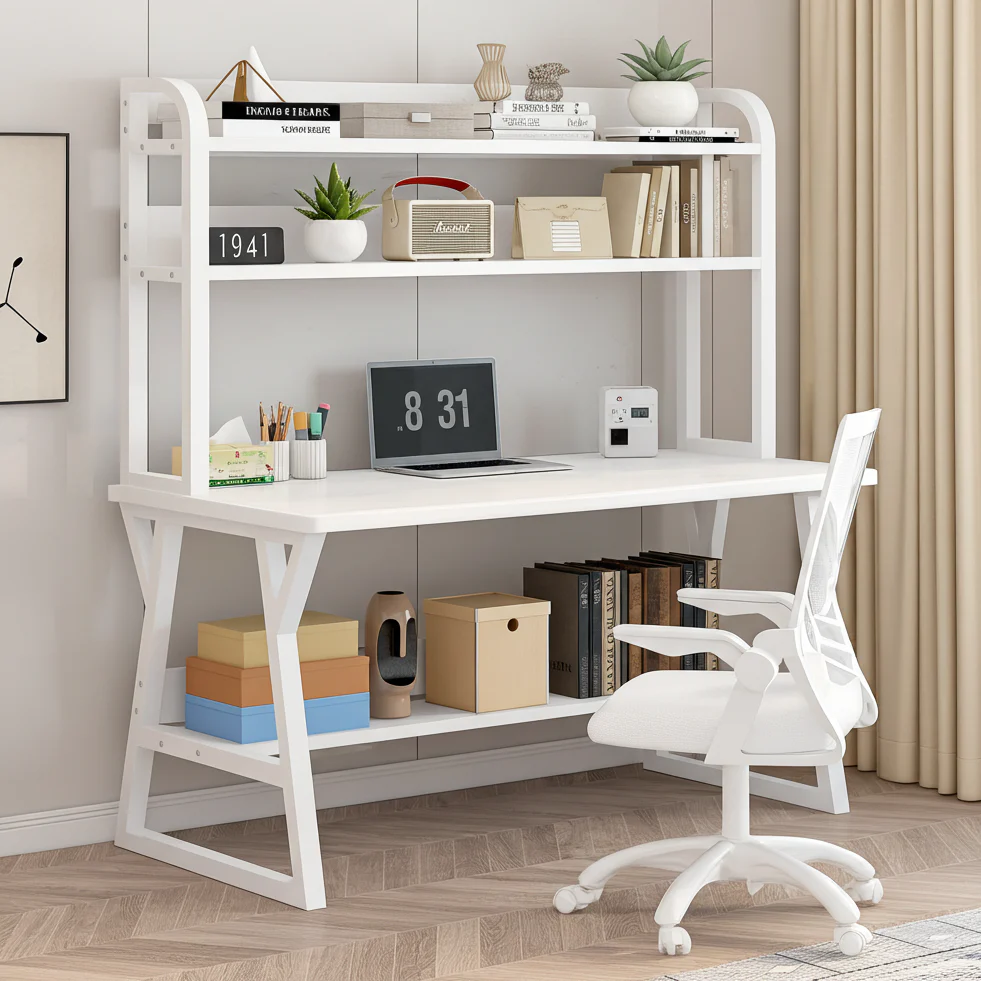 Aspire Large Industrial Office Computer Desk Workstation with Bookshelf (White) - Image 12